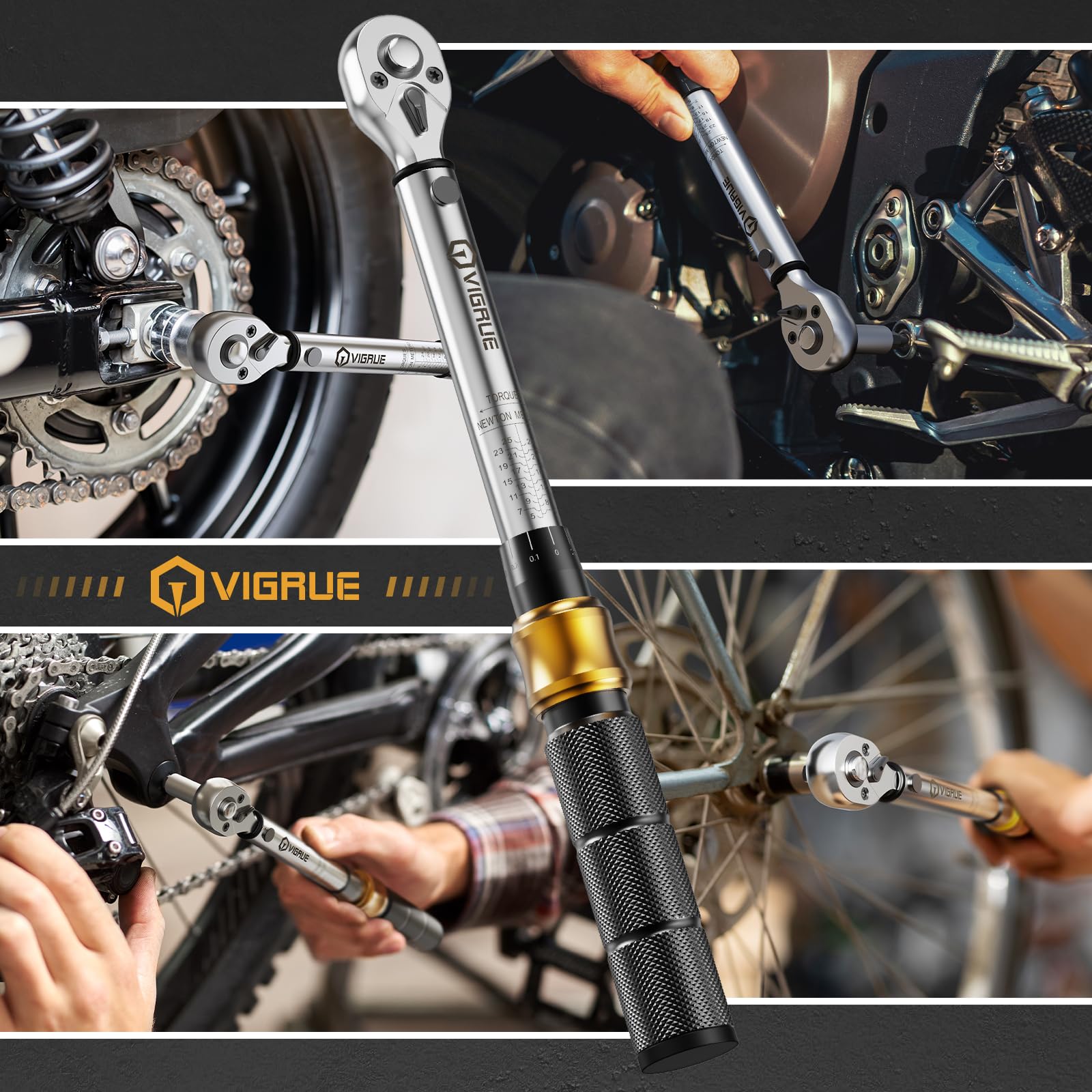 VIGRUE Juego de llaves dinamométricas para bicicleta, llave dinamométrica de 1/4 pulgadas, 5-25 Nm, ± 4% de precisión de error con barra de extensión, articulación universal, funda de bujía magnética,