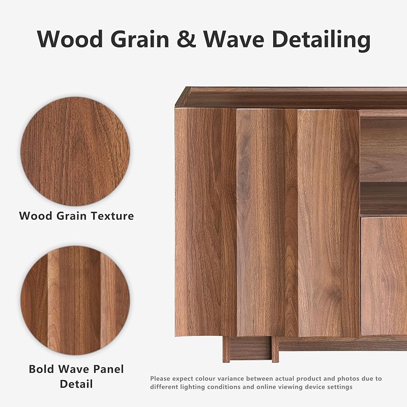 win2win 61" Mid Century Modern TV Stand with Storage, Wave Design, Walnut image 3