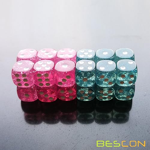 Miniatura 2 de Bescon - Juego de dados etéreos con purpurina etérea de 0.472 in, 6 caras, 24 piezas en bolsa de terciopelo con cordón, rosa y verde azulado (12