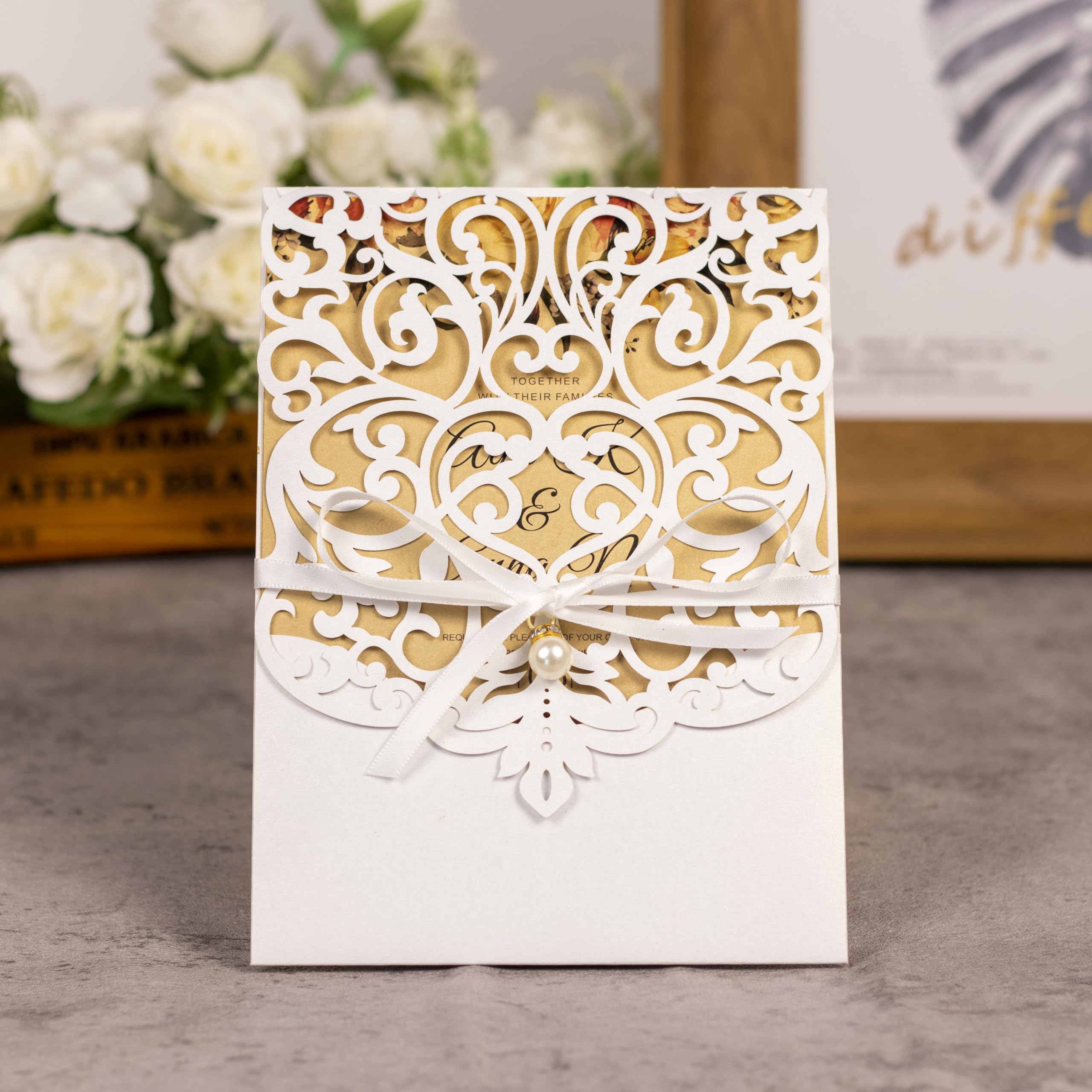 PCORES Laser Cut Invitations White Wedding Invitation with Envelopes and Ribbon Belly Band Pearl Embellishments, Blank Inner Sheet & Rsvp Cards for Wedding Bridal Shower(5 x 7, 40 pcs)