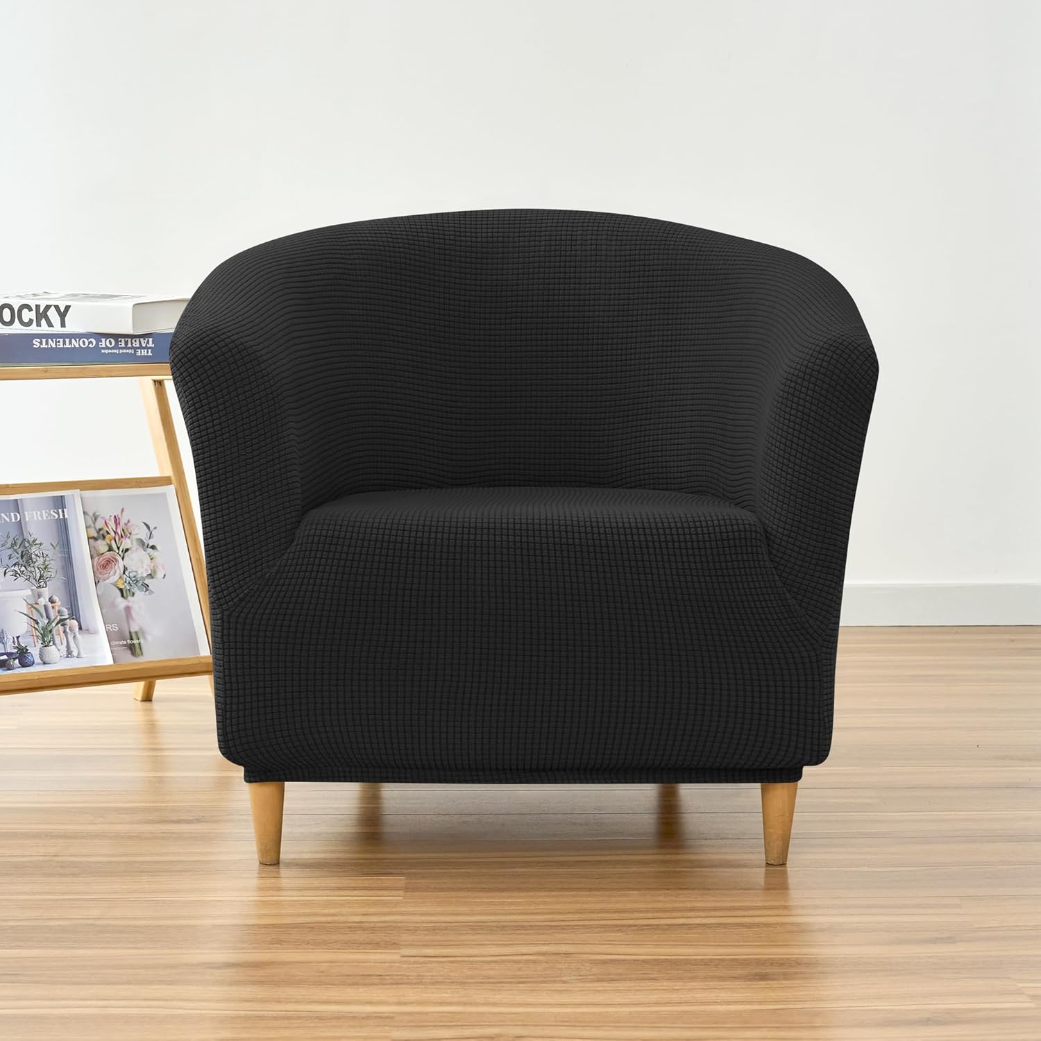 Stretch Tub Chair Covers, 1-Piece Club Chair Slipcover Soft Jacquard Barrel Chair Cover Armchair Slipcovers Furniture Protector for Living Room (Black)
