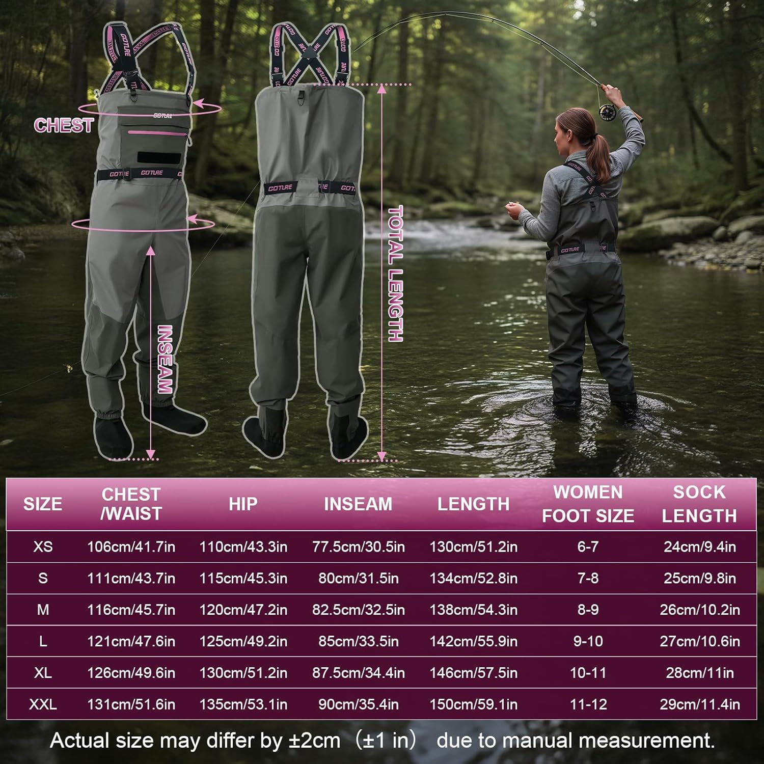 Goture 5-Layer Breathable Women's Fly Fishing Waders, Waterproof Neoprene Stockingfoot Waders w/Handwarmer Adjustable Belt