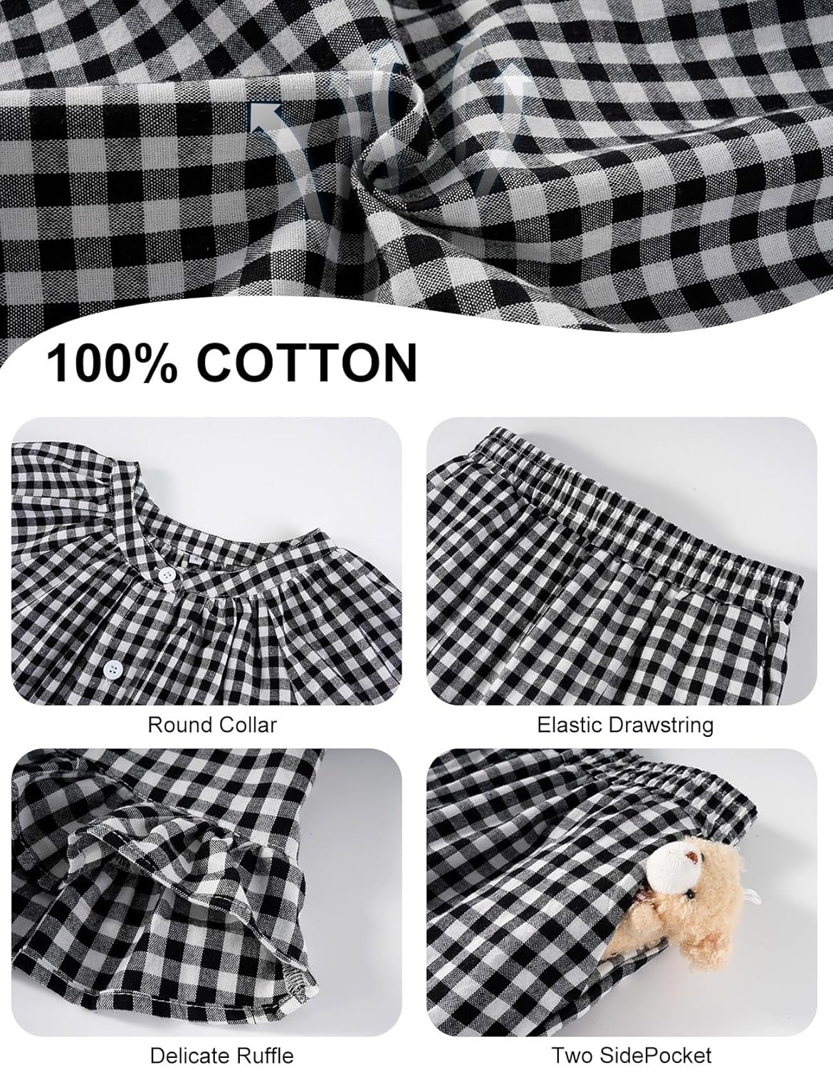 Girls Plaid 2 Piece Outfits Cotton Short Sleeve Ruffle Babydoll Shirt Gingham Pants Clothing Set - Image 7