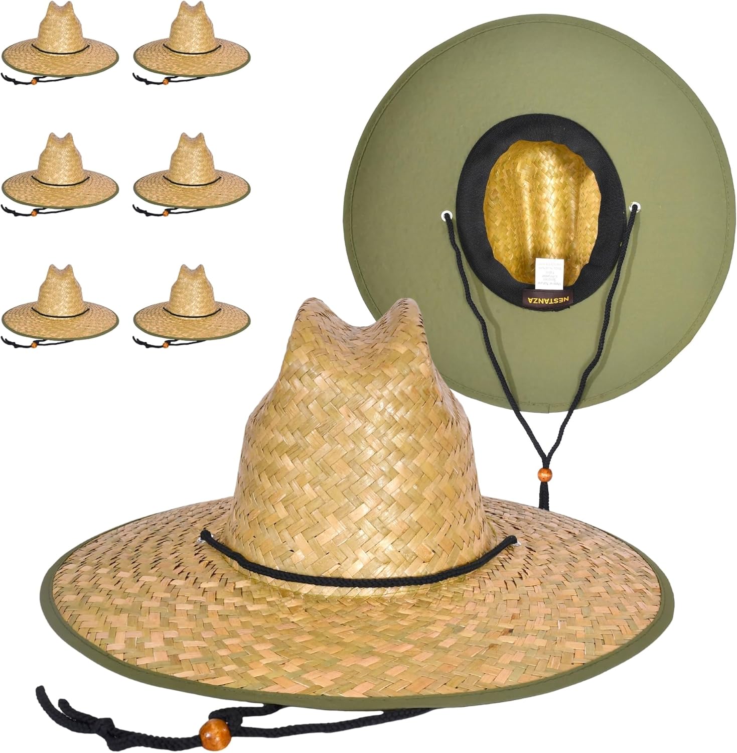 6 Pack Straw Hats for Men - Bulk Wide Brim Straw Lifeguard Hats, Natural Seagrass Sun Hat Set