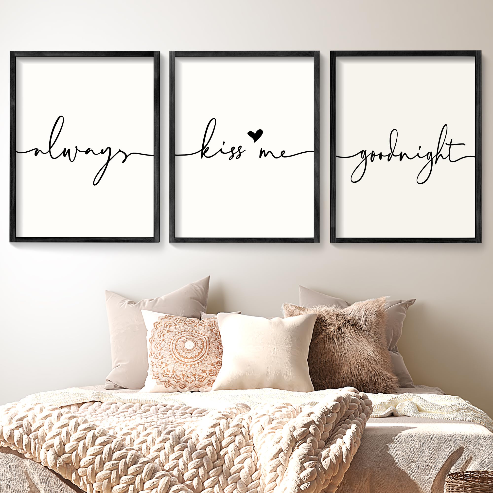 Houmury Set of 3 Framed Wall Art Always Kiss Me Goodnight Farmhouse Sign Bedroom Wall Decor for Master Bedroom Decor Wood Signs (Black, 16"x24")