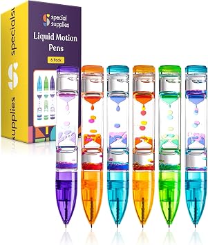 Special Supplies Liquid Motion Bubbler Pens, 6-Pack Colorful Hourglass Timer with Droplet Movement, Bedroom, Sensory Play, Cool Home or School Pack of 6 Pens