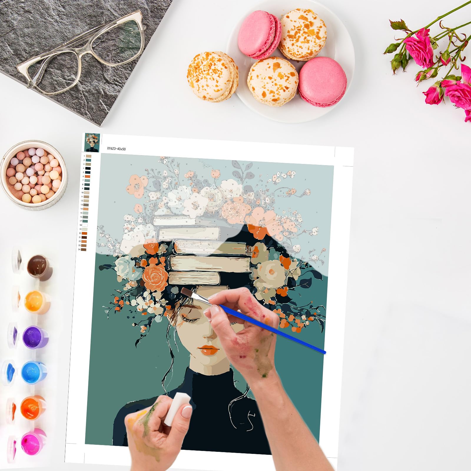 AIRDEA Donna con libri Dipingere con i Numeri Adulti, Fiori Paint by Numbers con Vernici e Pennelli, Kit di Pittura Acrilica Fai-da-Te per Adulti Principianti Decora la casa 40x50 cm (Nessuna Cornice)