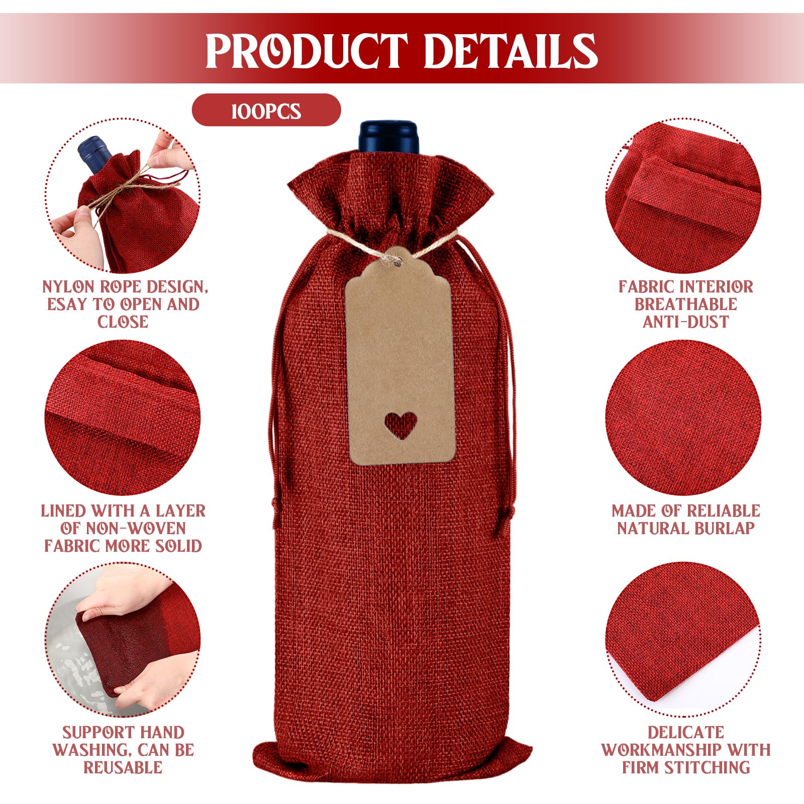 Windyun Lot de 100 sacs à vin en toile de jute avec cordon de serrage avec étiquettes 15 x 35 cm pour mariage, anniversaire, dégustation, Noël, voyage, fête (rouge vin)
