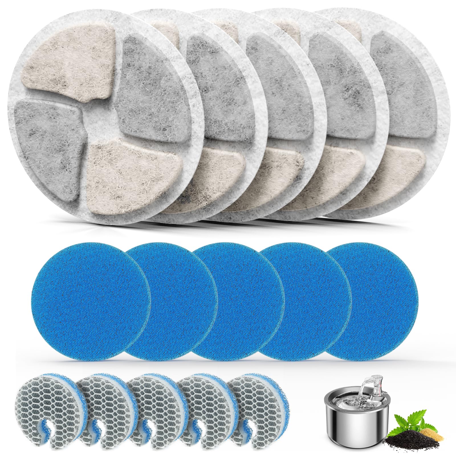 Stainless Steel Cat Water Fountain Filters, 5 Pack Replacement Filters Fit for Round 2L/67oz Automatic Pet Fountain, Filter with Triple Filtration