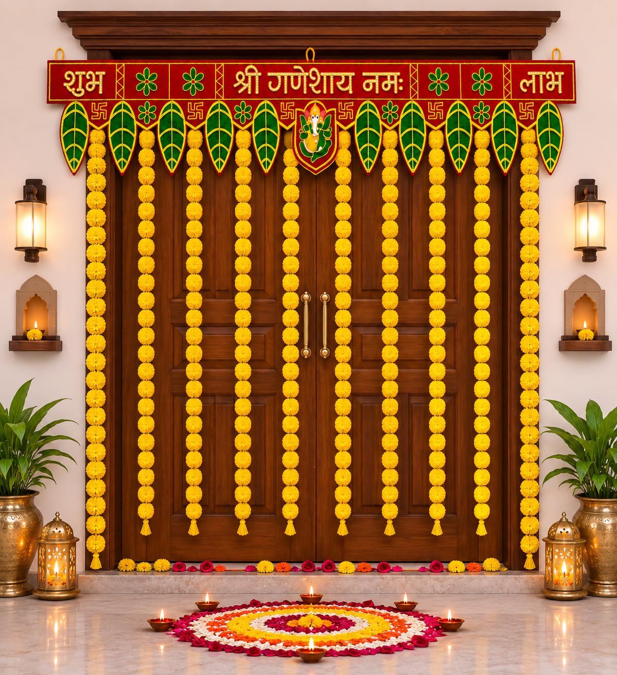 Pop The Party Shree Ganeshay Namah Shubh Labh Door Toran with Marigold Flower Hanging Strings | Ganpati Decorative Toran for Main Door, Entrance, Home, Pooja & Festival Decoration Items Set of 11 Pcs