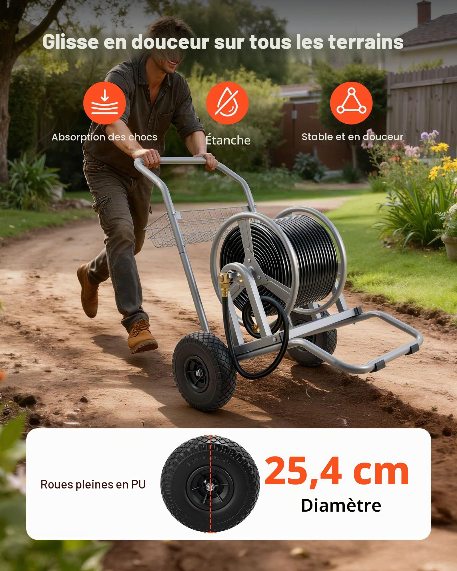 VEVOR Chariot Enrouleur de Tuyau Arrosage 6096 cm 9144 cm Dévidoir de Tuyau Arrosage sur 2 Roues pour Arroser Le Jardin et Lavage de Voiture, Déplacement Fluide, avec Poignée et Panier de Rangement