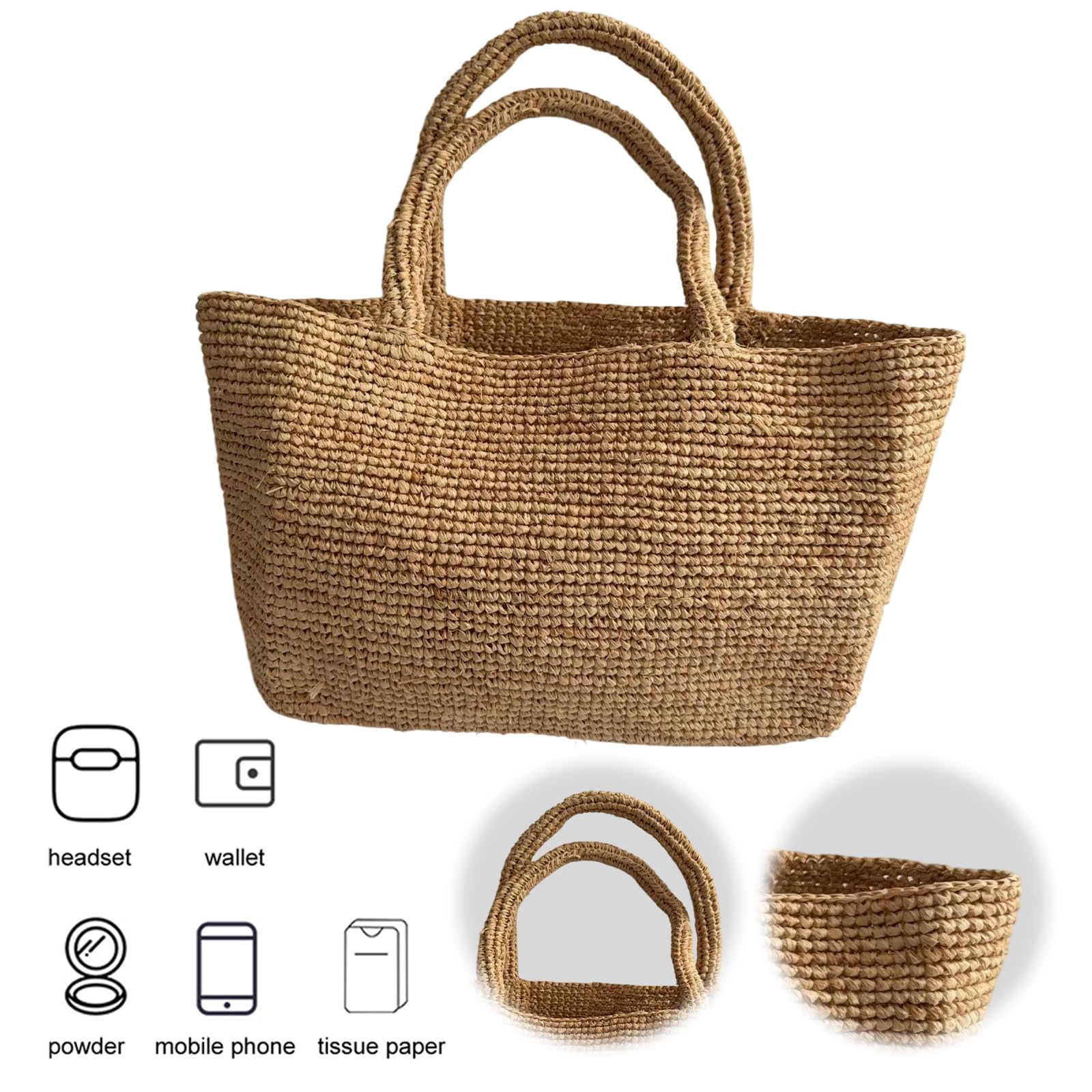 Borsa da spiaggia intrecciata in rafia per donna | Borsa tote all'uncinetto versatile, fatta a mano, adatta a viaggi, lavoro e mercato, presa comoda