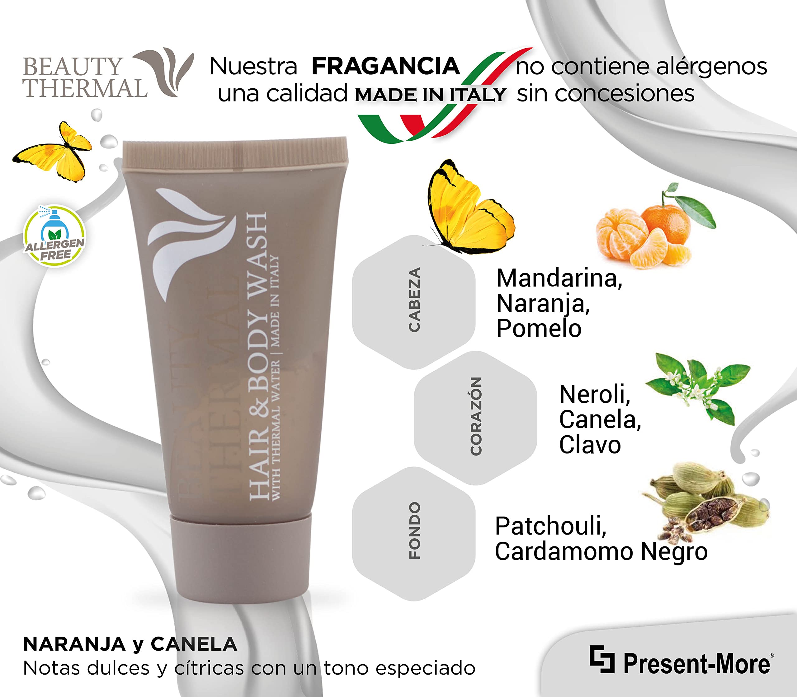 Present-More Crema corporal 30ml Beauty Thermal - Crema cuerpo 250 unidades para Hoteles y B&B | Crema cuerpo sin alérgenos con fragancia Arancia y Canela