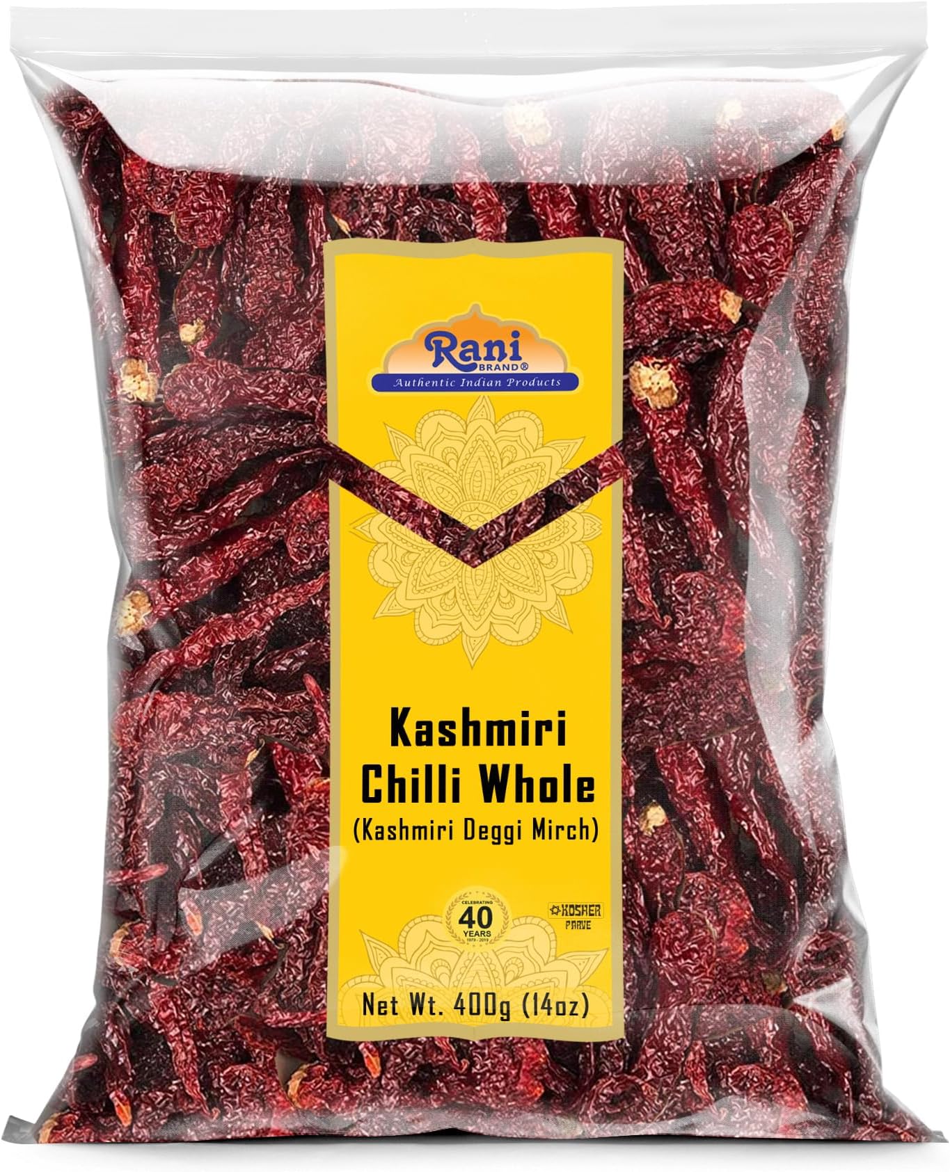 Rani Kashmiri Chilli Whole (Deggi Mirch, Low Heat) 14oz (400g) ~ Natural | Salt-Free | Vegan | No Colors | Gluten Friendly | NON-GMO | Kosher | Indian Origin
