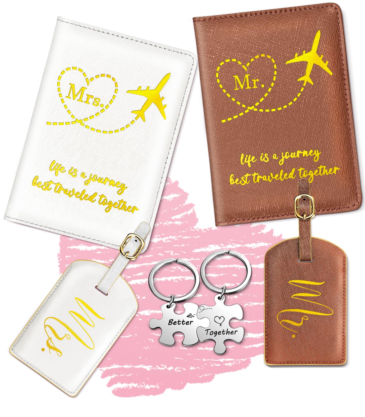 Slohif Mr. and Mrs. Passport Holder Lugguage Tag Set for Travel - Leather Passport Book Personalized Organizer Card Protector Sleeve Suitcase Cover