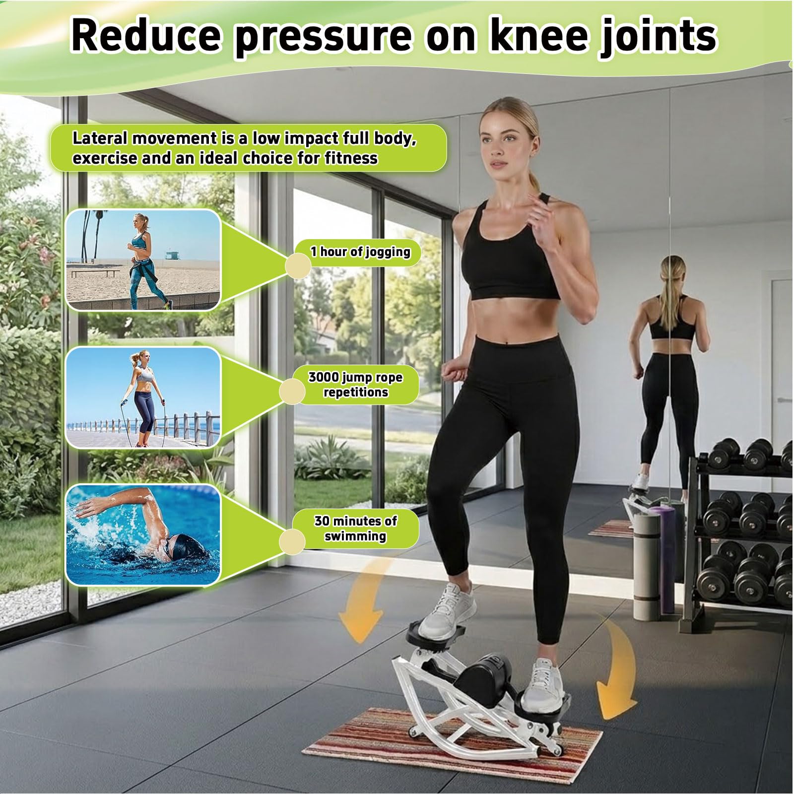 Rock Stepper Máquina de Ejercicios de Movimiento Lateral Silenciosa con Pantalla LCD y Bandas de Resistencia - para Casa y Debajo del Escritorio Premontada - Acero al Carbono