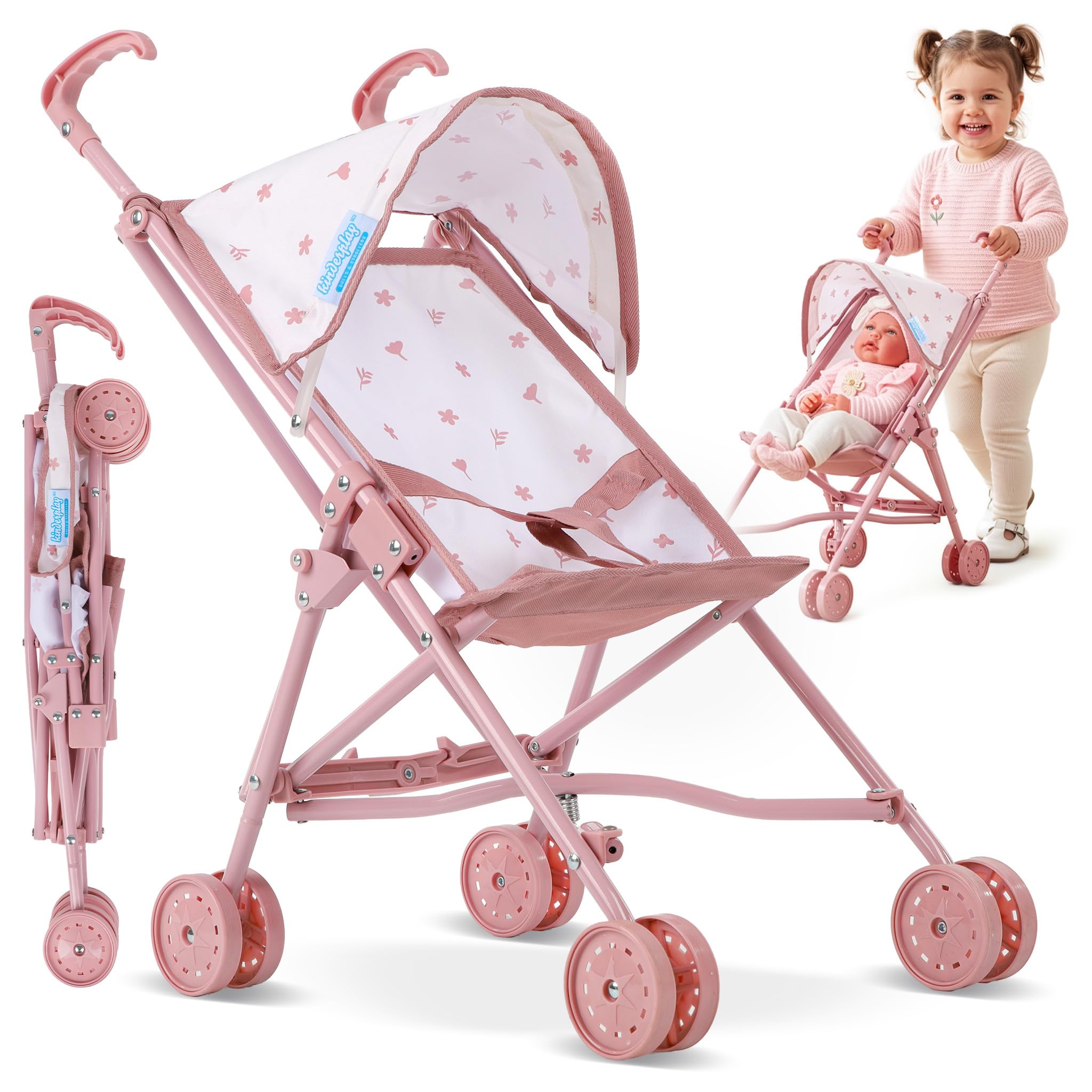 Wózek spacerowy dla lalek Kinderplay z lekkiego aluminium, składany wózek dla lalek z pasem bezpieczeństwa i cichymi podwójnymi kółkami, dla lalek do 46 cm, wysokość rączki 54 cm, od 2 lat