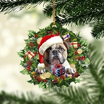 Talataca English Bulldog 2D Flat Christmas Ornament, Bulldog Ingles Wearing A Christmas Hat Wreath Pine Tree Decor, Hanging House Charm Eve Keepsake, Car Rear View Mirror Accessories, Xmas Gift