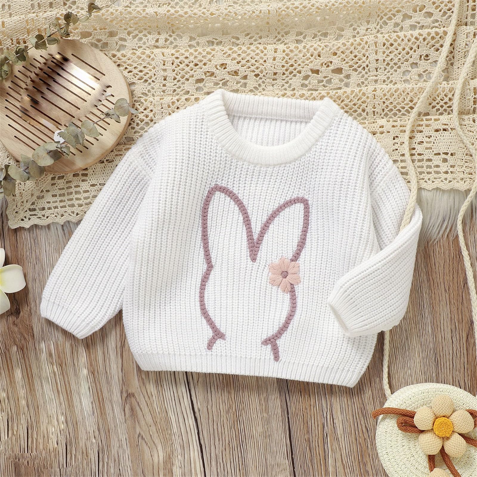 Jersey de punto para niños con diseño de conejo, suéter suave con apliques de flores de punto, abrigo informal de punto para primavera y otoño