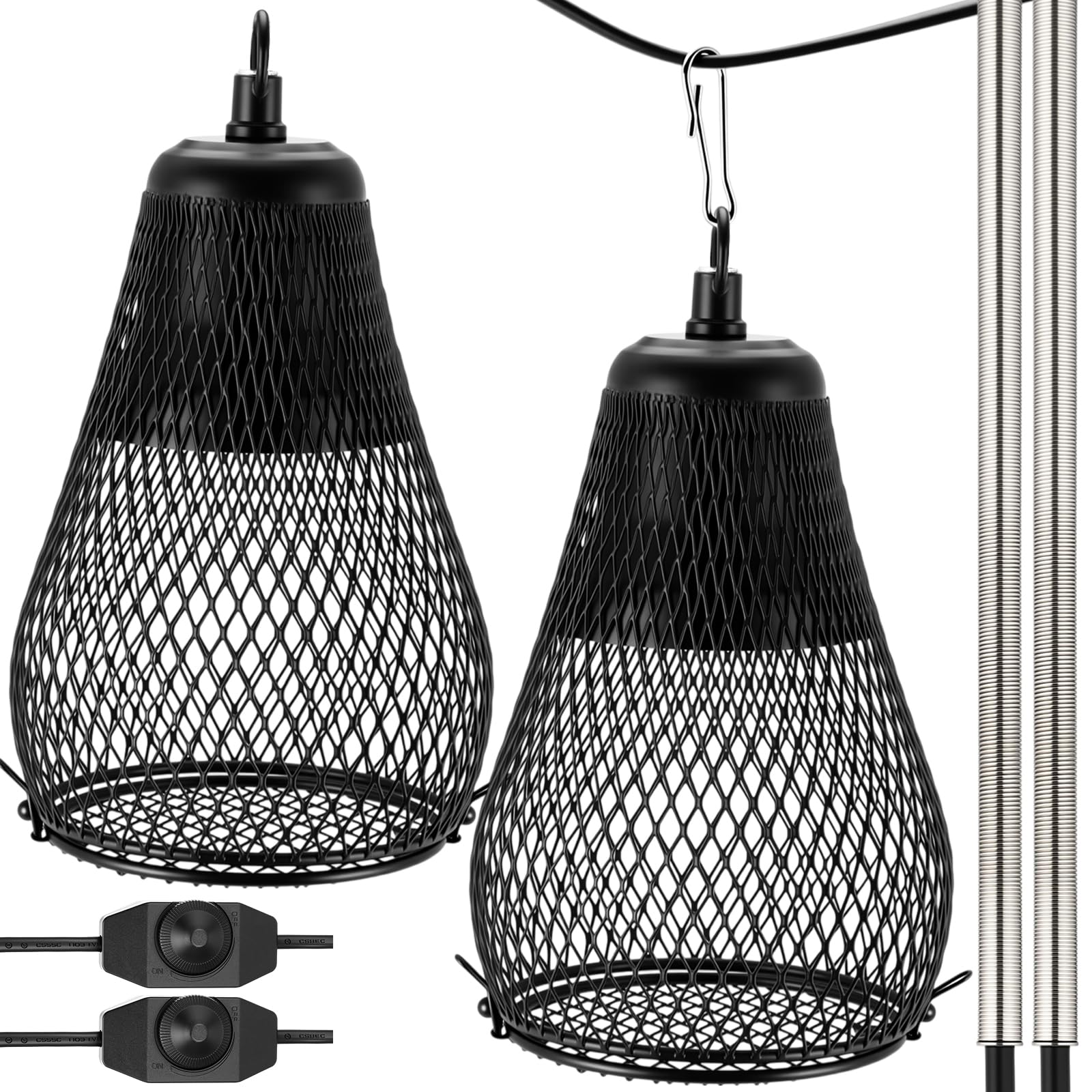 Retisee 2 lámparas de calor para reptiles, pantalla antiquemaduras con interruptor de encendido y gancho antimordeduras para lagartos, serpientes, pollitos, bombilla de 100 W no incluida