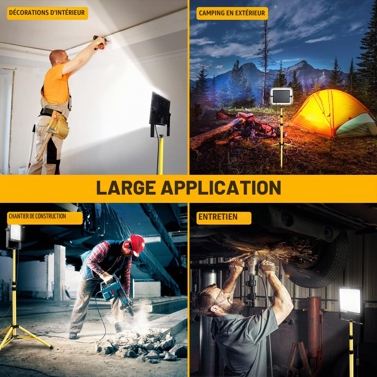 RIGIDON 100W Projecteur LED sur Trépieds, Projecteur de Chantier avec Prise | 10000LM, 6000K Blanc, Hauteur réglable 102-193 cm, Câble 5m, Étanche Éclairage de Chantier pour Travaux Atelier Garage Jardin