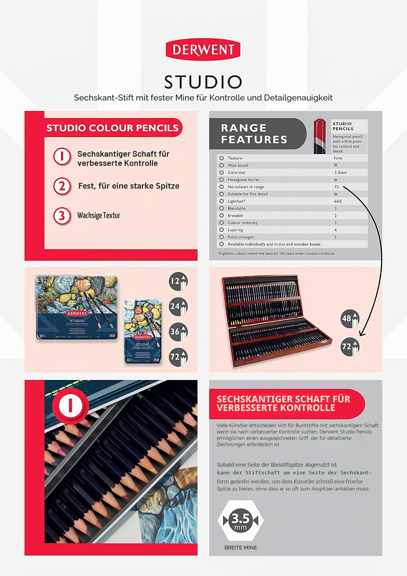 Derwent Studio Buntstifte in einer Geschenk-Box aus Holz, Zeichnen & Ausmalen, 48er-Set, Ideal für Illustrationen & Detaillierung, Professionelle Qualität, 0700822