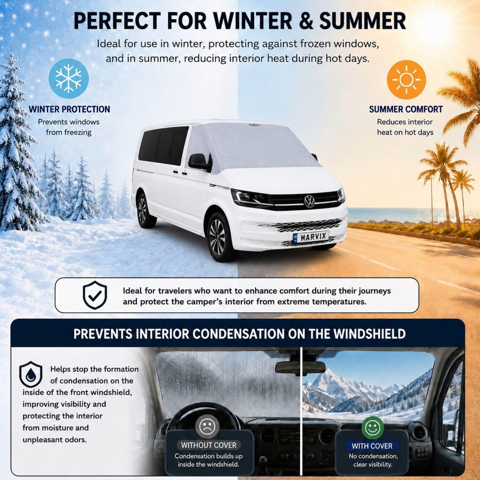 Marvix Externe Thermomatte Wohnmobil Silber Abdeckung Luxus 8mm Frontscheiben-Isolierung Verdunkelungsblende für VW T7 California