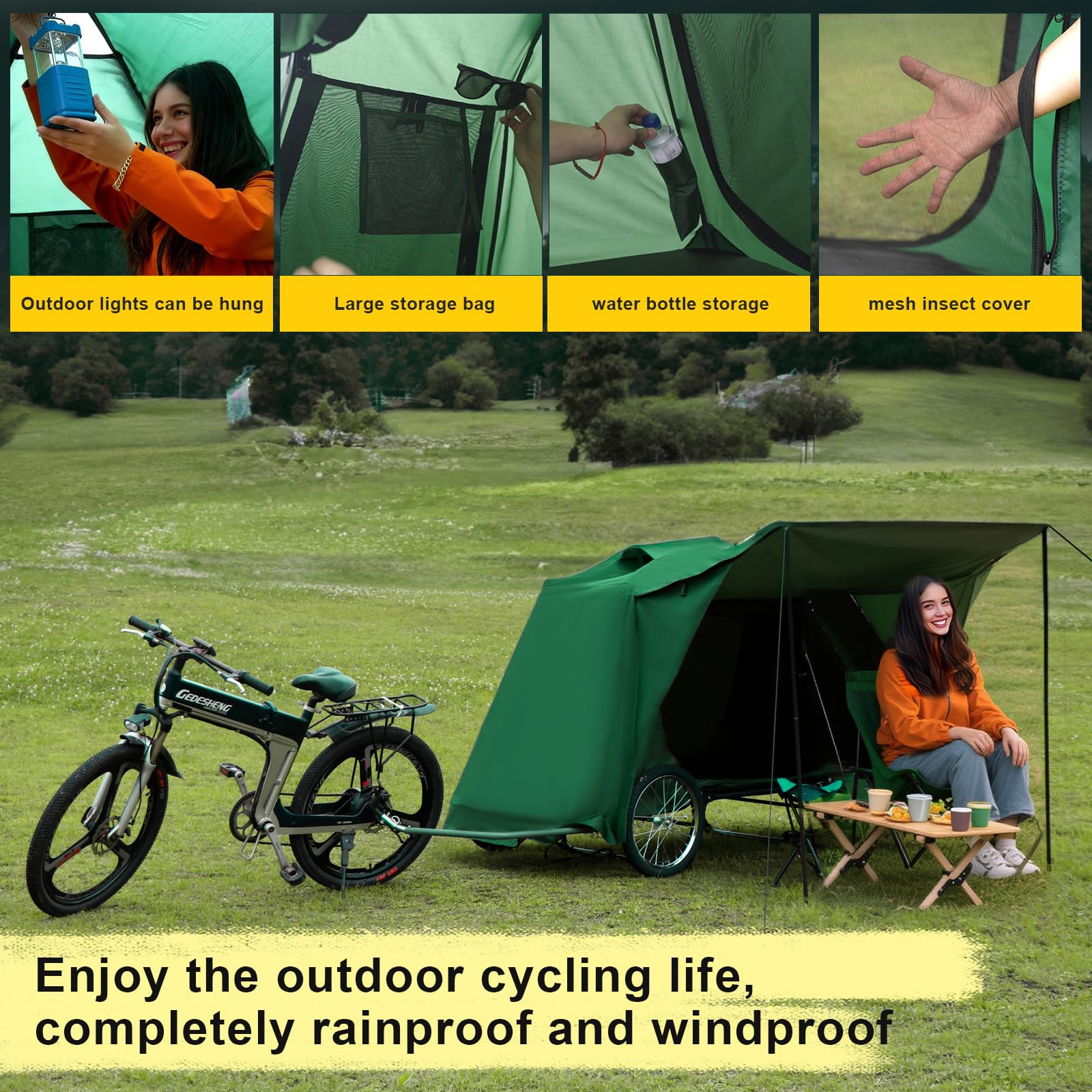 E-Bike Fahrrad Wohnwagen Fahrradwohnwagen Fahrradanhänger Zelt faltbar wasserdicht Moskitonetz Outdoor Camping