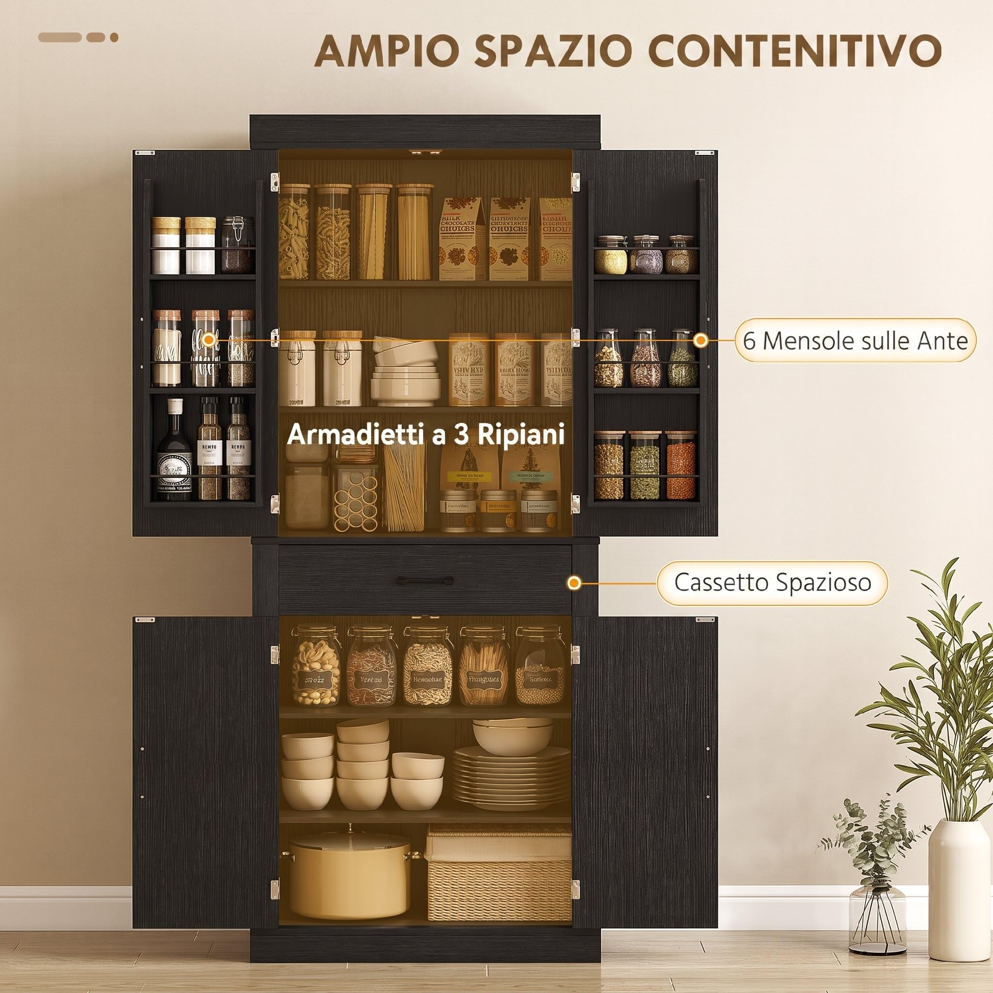 HOMCOM Credenza Cucina Alta 183.5 cm con 6 Portaspezie sulla Porta Nero