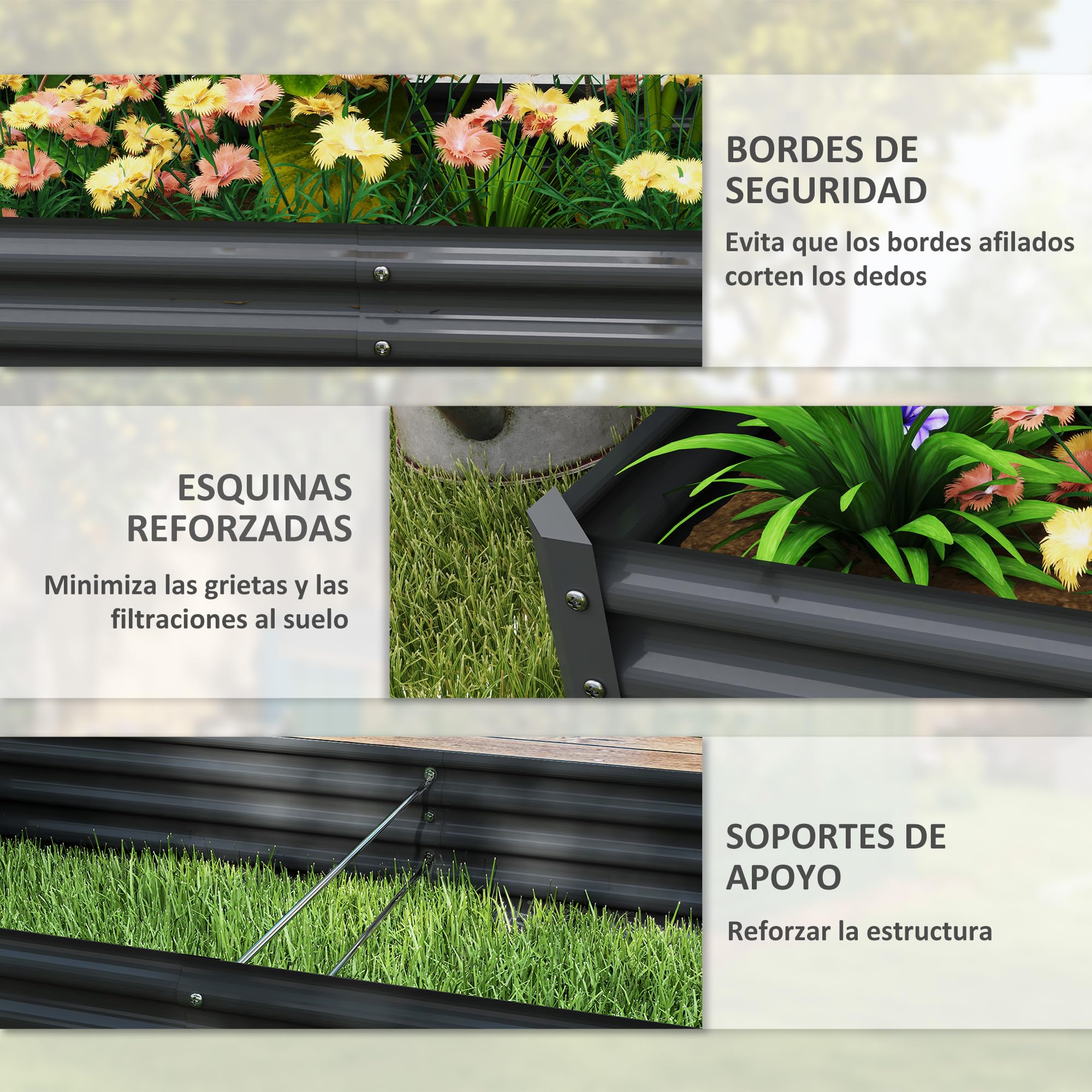 Outsunny Jardinera Elevada de Acero Galvanizado Huerto Urbano para Cultivar Plantas Flores Hierba Macetero Grande Exterior Rectangular con Fondo Abierto 180x90x30 cm Gris Oscuro