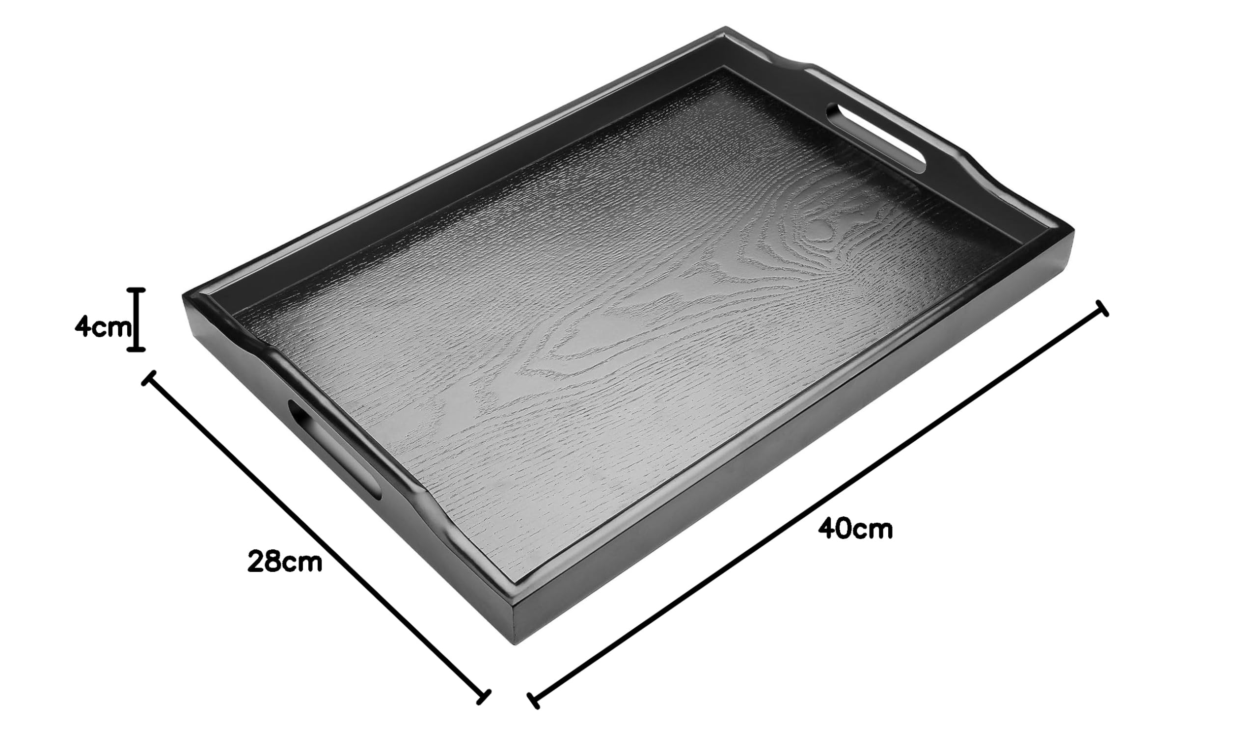 Vassoio Rettangolare Legno Nero con Grande Manico - Vassoio Colazione, Portata, Cucina per Caffè, Tè, Pane (40 x 28 x 4 cm)