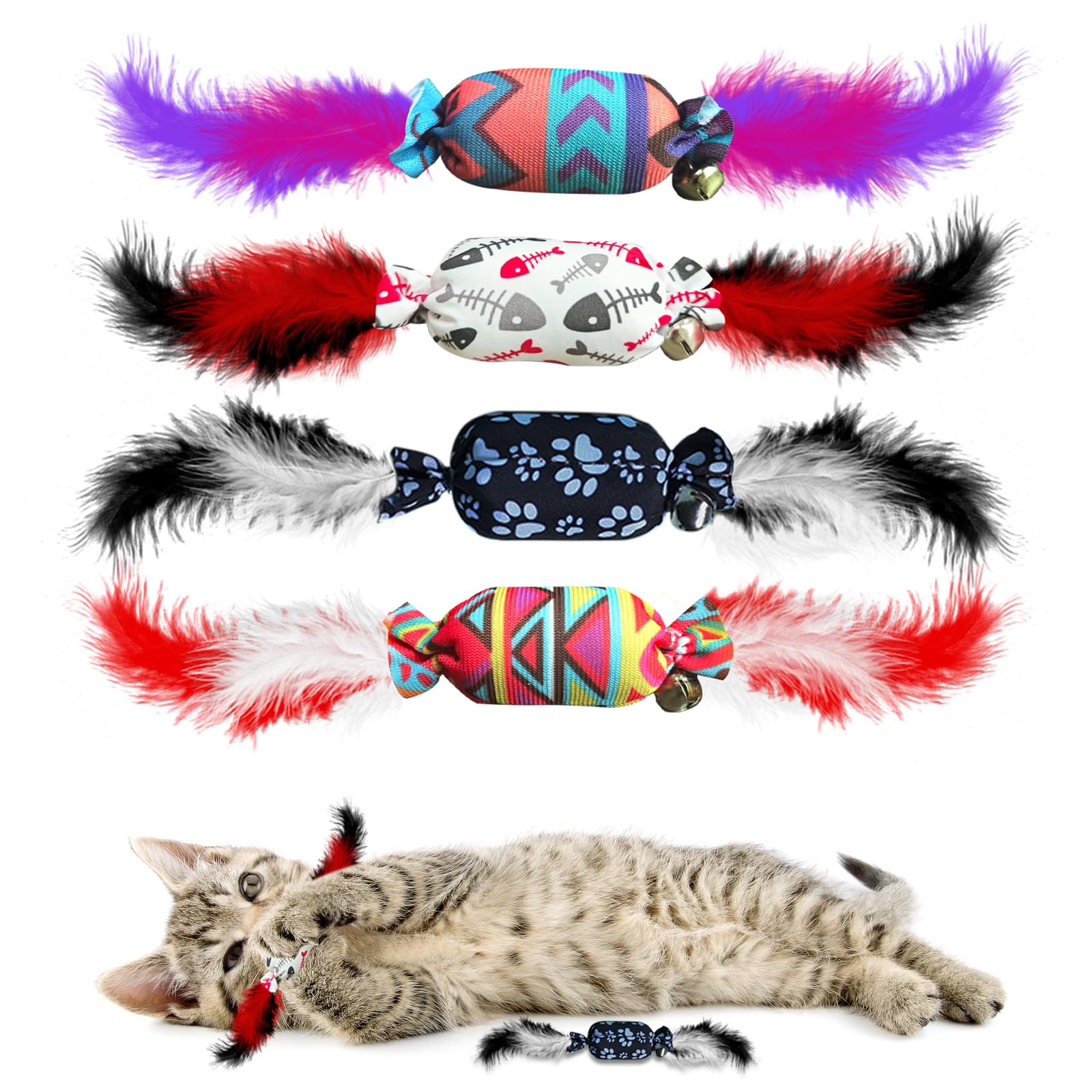 jiuhao Candy Feather Bell Cat Toys,Indoor Cat Toys 4-Pack with Feathers Jingle Toy Kitten Play Kick Bite Chew Interactive Boredom Toy