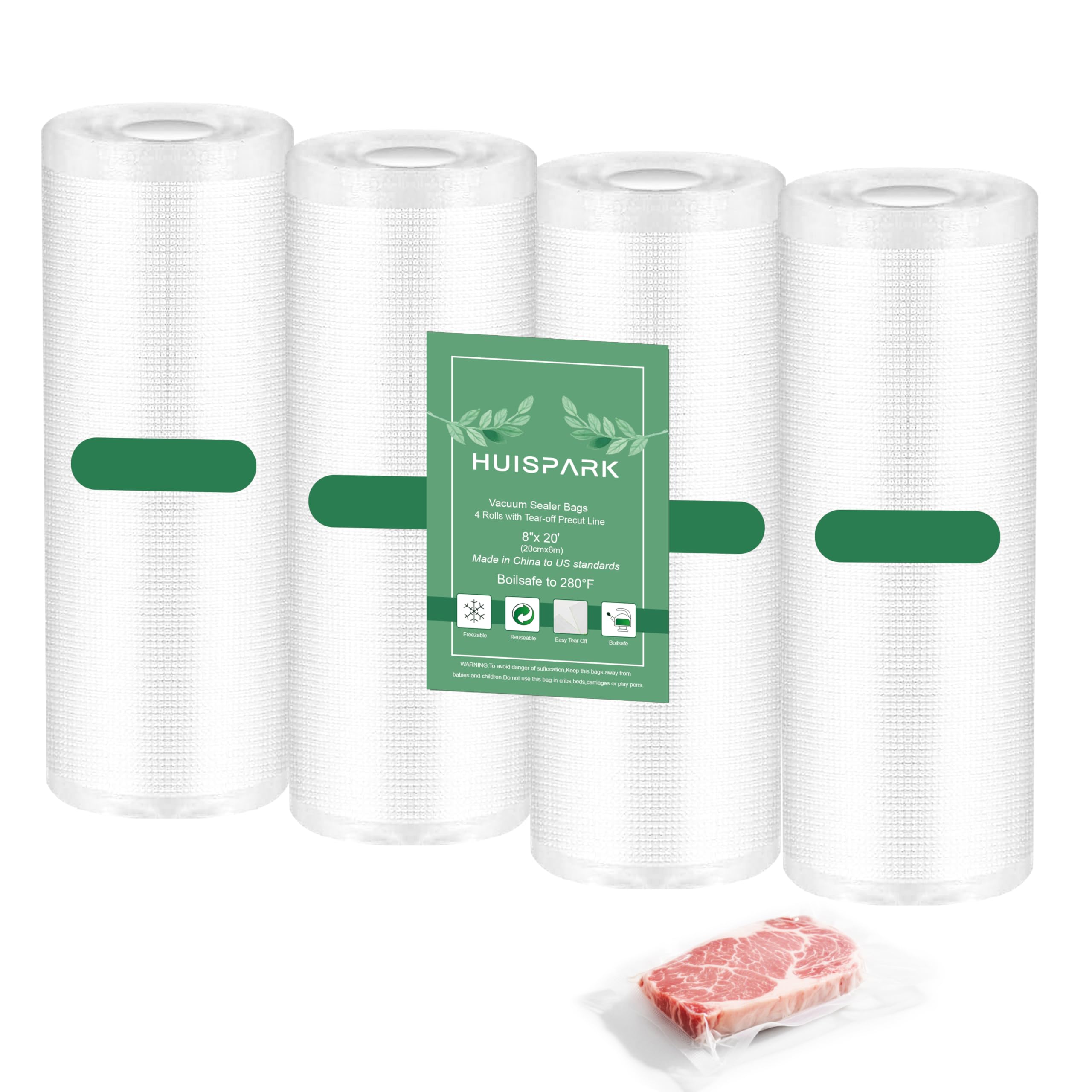 Pre-Cut Perforated Vacuum Sealer Bags Rolls,Heavy-Duty Vacuum Sealer Roll Bags 8x12 Inch 4 Rolls 80 Tear Off Bags,Easy-Tear Food Grade Storage Bags for Sous Vide, Freezer &amp; Meat (BPA Free)