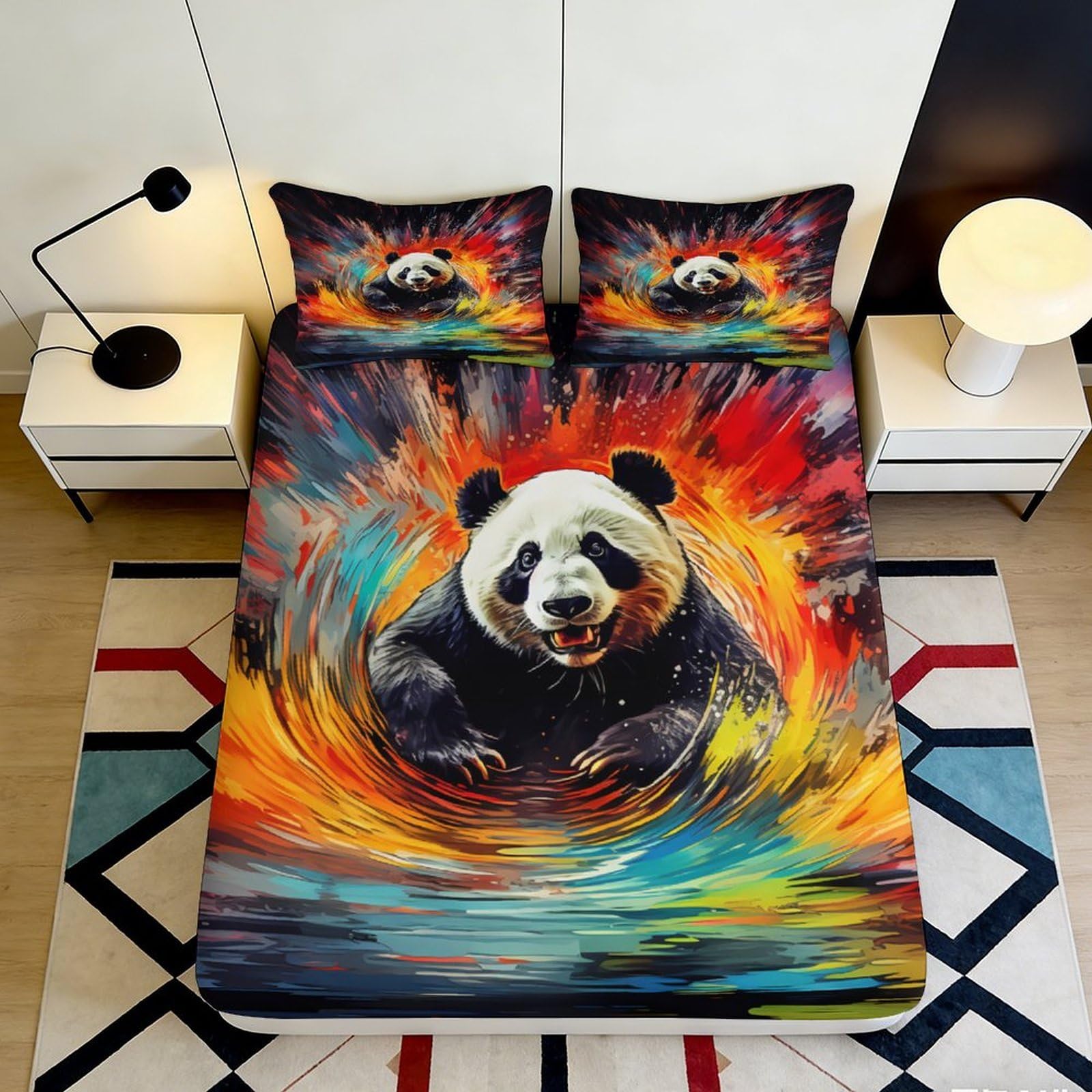 3D Printed Panda Splash Fitted Sheet Microfiber Vibrant Colors Mattress Cover for Bedroom Dorm Mattress Protection Decor 120x200x25cm