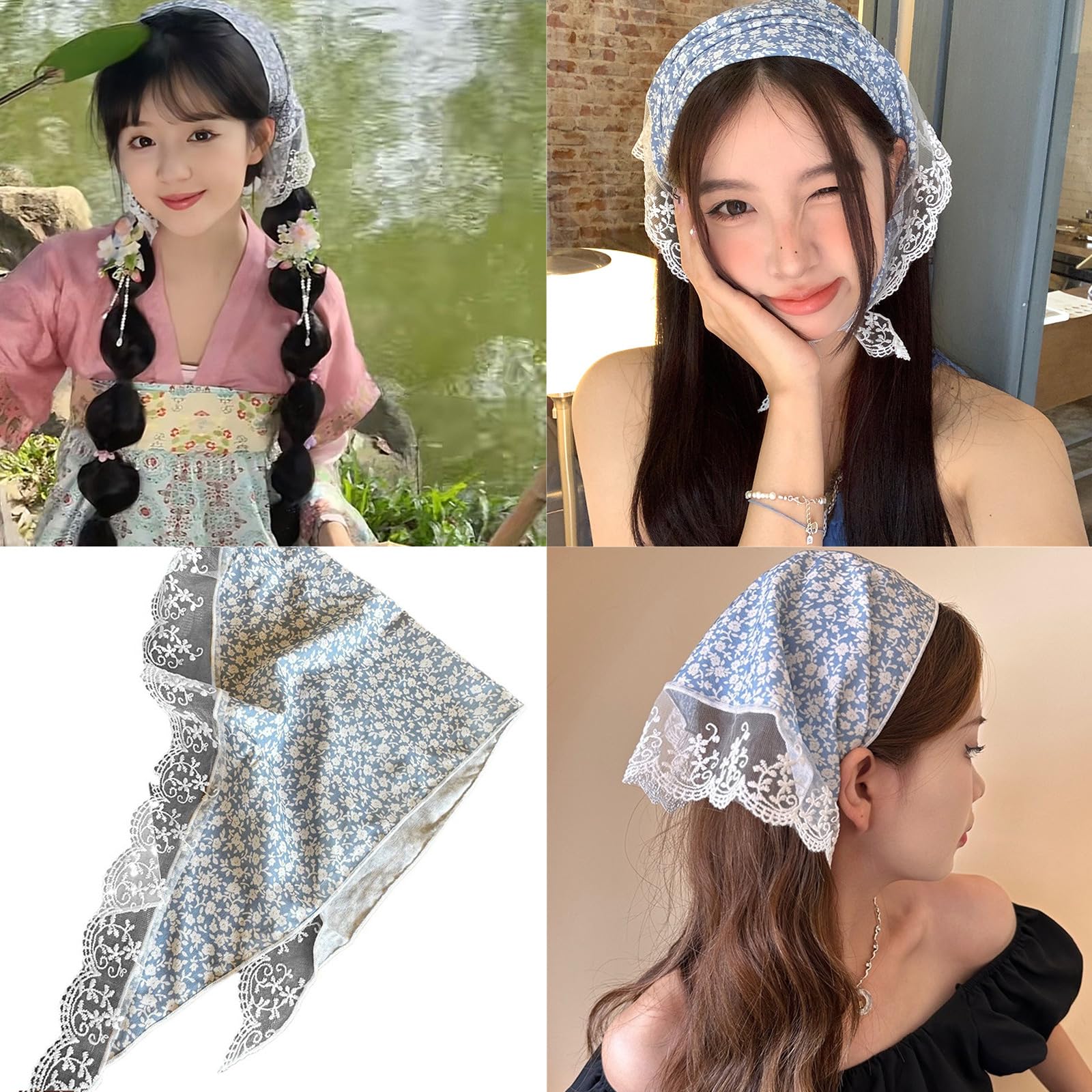 Sheer Lace Trim Triangles Hair Scarf Floral Pattern Kerchief Tie Back French Turbans For Girl Beach Photo Tool