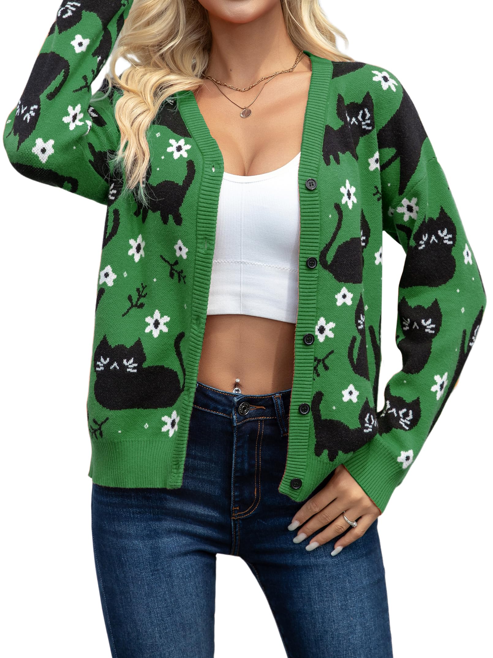 Christmas Cat Cardigan Sweaters for Women Black Cat Knit Sweater Button Down V Neck Fall Winter Open Front