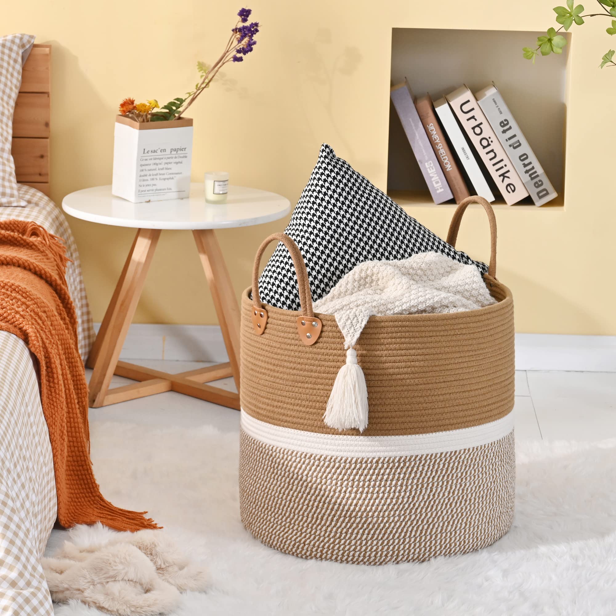 KAKAMAY Large Woven Cotton Rope Basket - 20x13 Inch Storage Hamper For Toys, Laundry, Blankets (White/Grey)