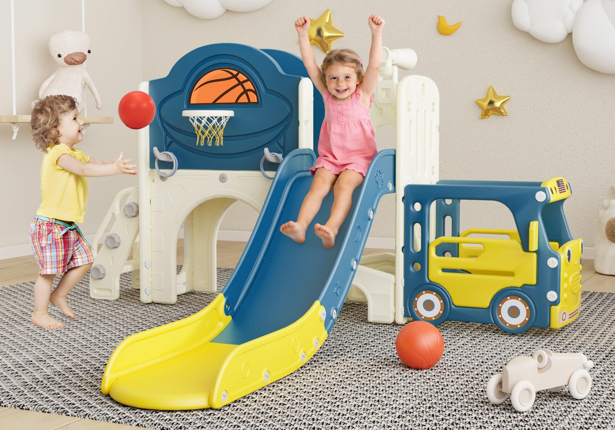 9-in-1 Toddler Slide, Bus-Themed Baby Slide and Climber Playset with Basketball Hoop, Ring-Toss, Car Playhouse, Kids Indoor and Outdoor Playground