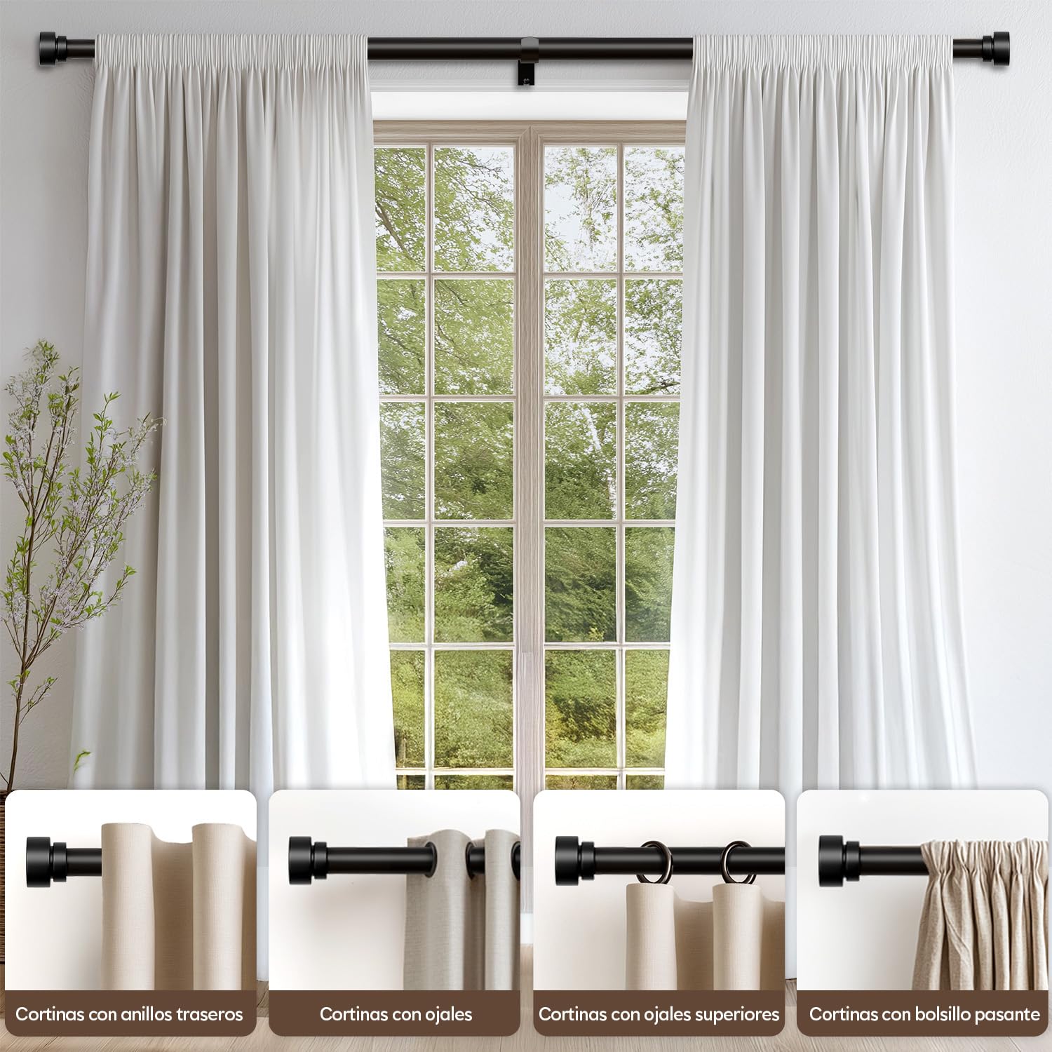 Barra Cortinas Extensible Negra 80-365 cm,Metal Reforzado | DiáMetro 25 Mm, InstalacióN Mural,Apta Para SalóN, Dormitorio, Cocina Y Todas Las Ventanas, InstalacióN Sencilla