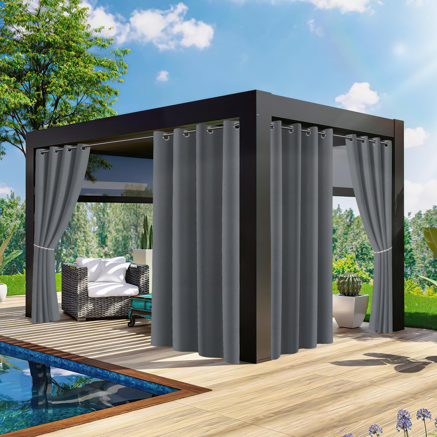 Lot de 2 rideaux d'extérieur opaques et imperméables avec œillets - 213 x 254 cm (H x l) - Résistant aux intempéries - Brise-vue - Protection solaire - Pour jardin, terrasse, balcon, pavillon