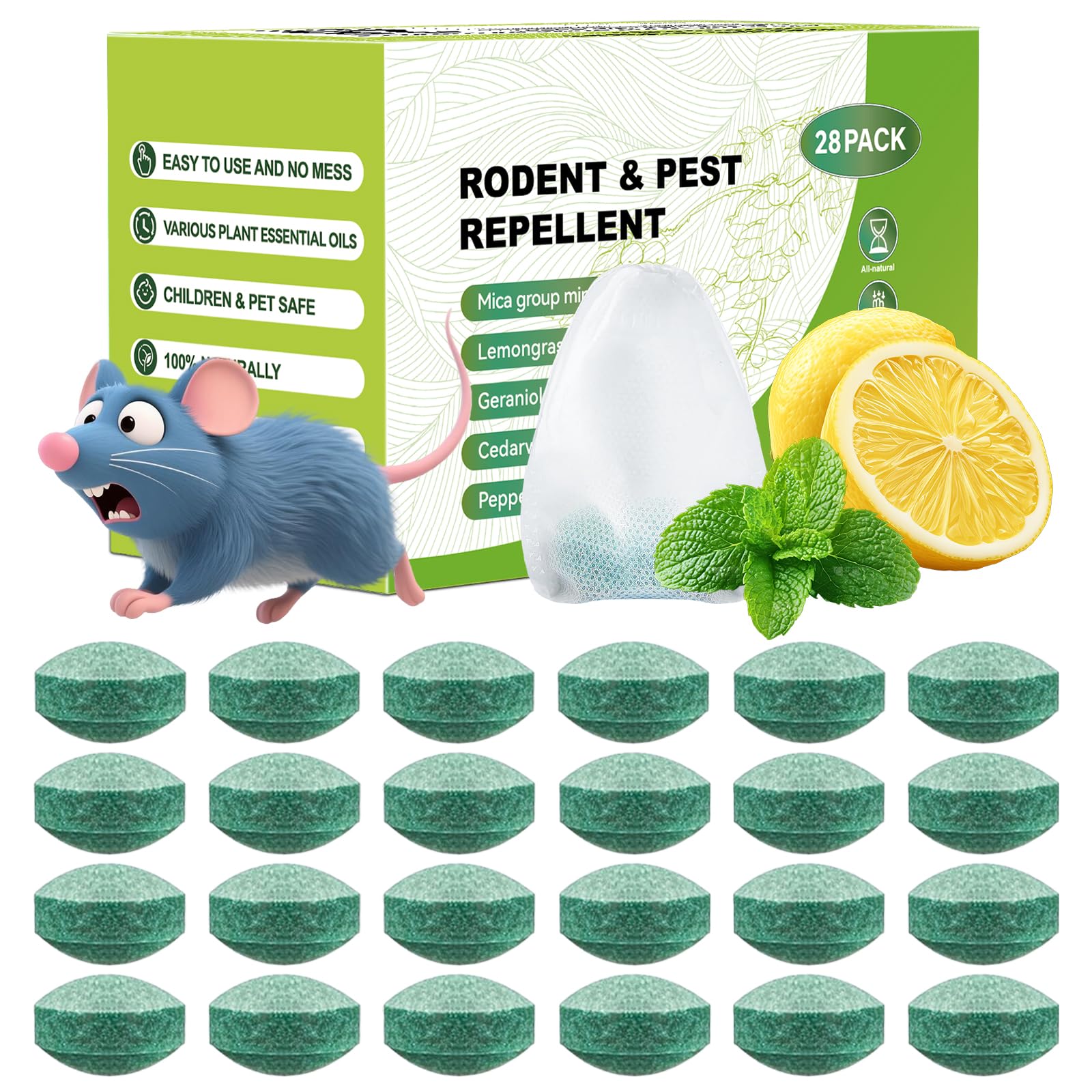 Pest Rodent Repellent, 28 Pack Natural Peppermint Oil Packs Keep Mice, Rats, Spiders, Roaches, Ants, Bugs, and Squirrels Away from Home and Garden Safe for Family or Pets