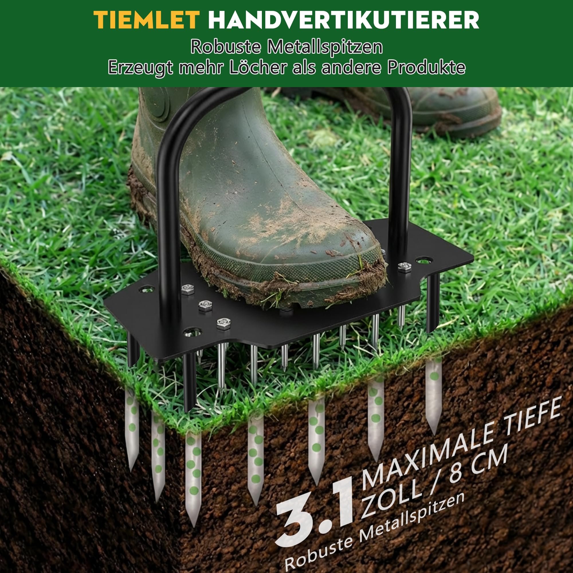 Handvertikutierer Rasenlüfter, Aerifizierer für Rasen Hohlspoon mit 20 Spikes (16 + 4 Hohlzinken), rostfreier Stahl, 100,5cm T-Griff & Fußhebel – manueller Rasenbelüfter für effiziente Rasenpflege