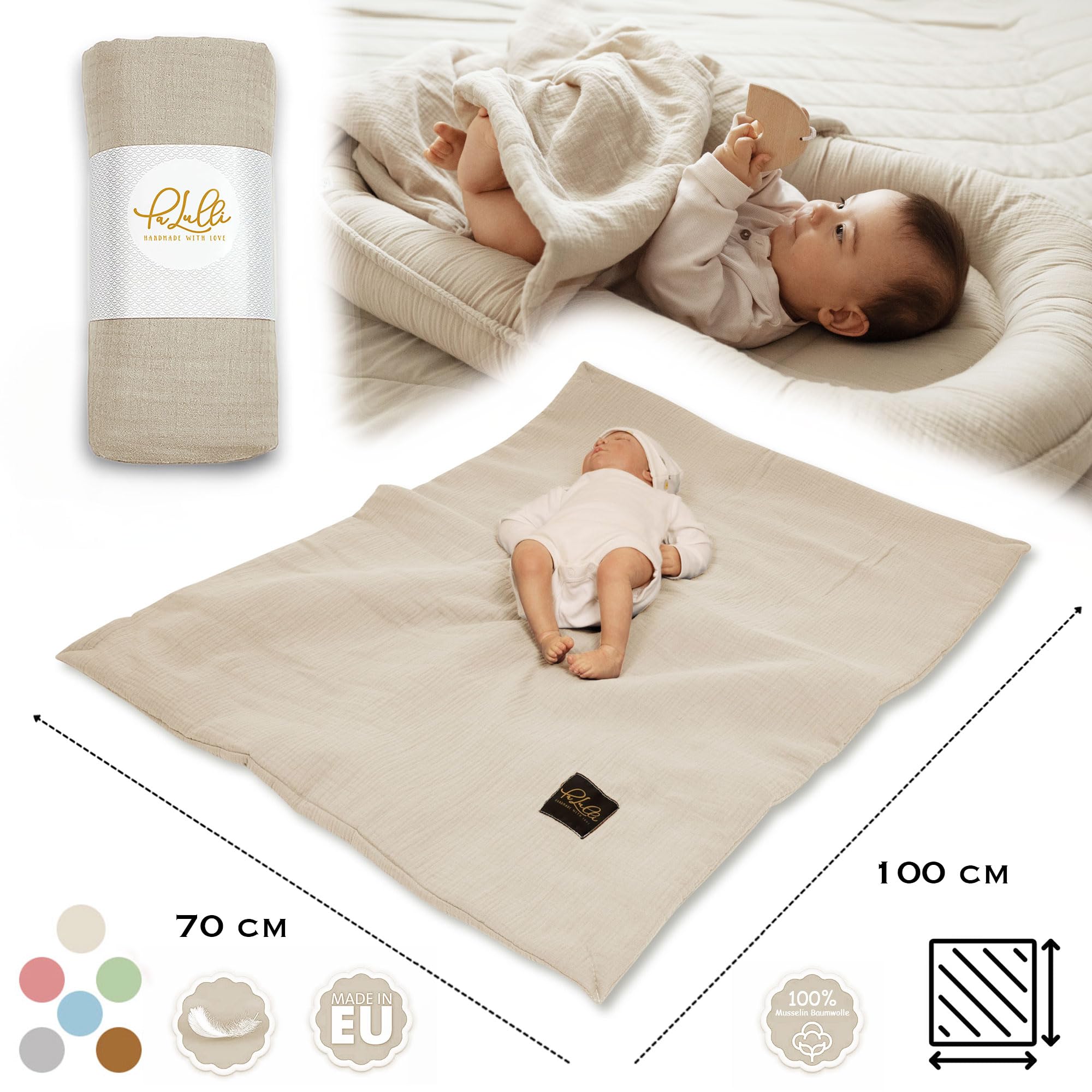 PaLulli Nido per bambini 2 in 1 con coperta per neonati, in 100% mussola di cotone, di alta qualità, 100 x 60 cm, con chiusura in , paracolpi (beige)