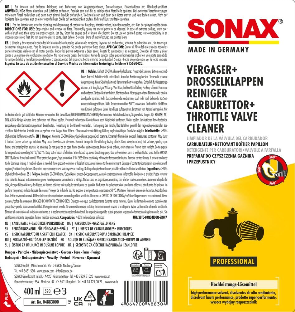 SONAX Pulitore carburatore + valvola a farfalla (400 ml) pulisce e sgrassa carter del carburatore, farfalla, ugelli, iniettori, ecc | Art. 04883000