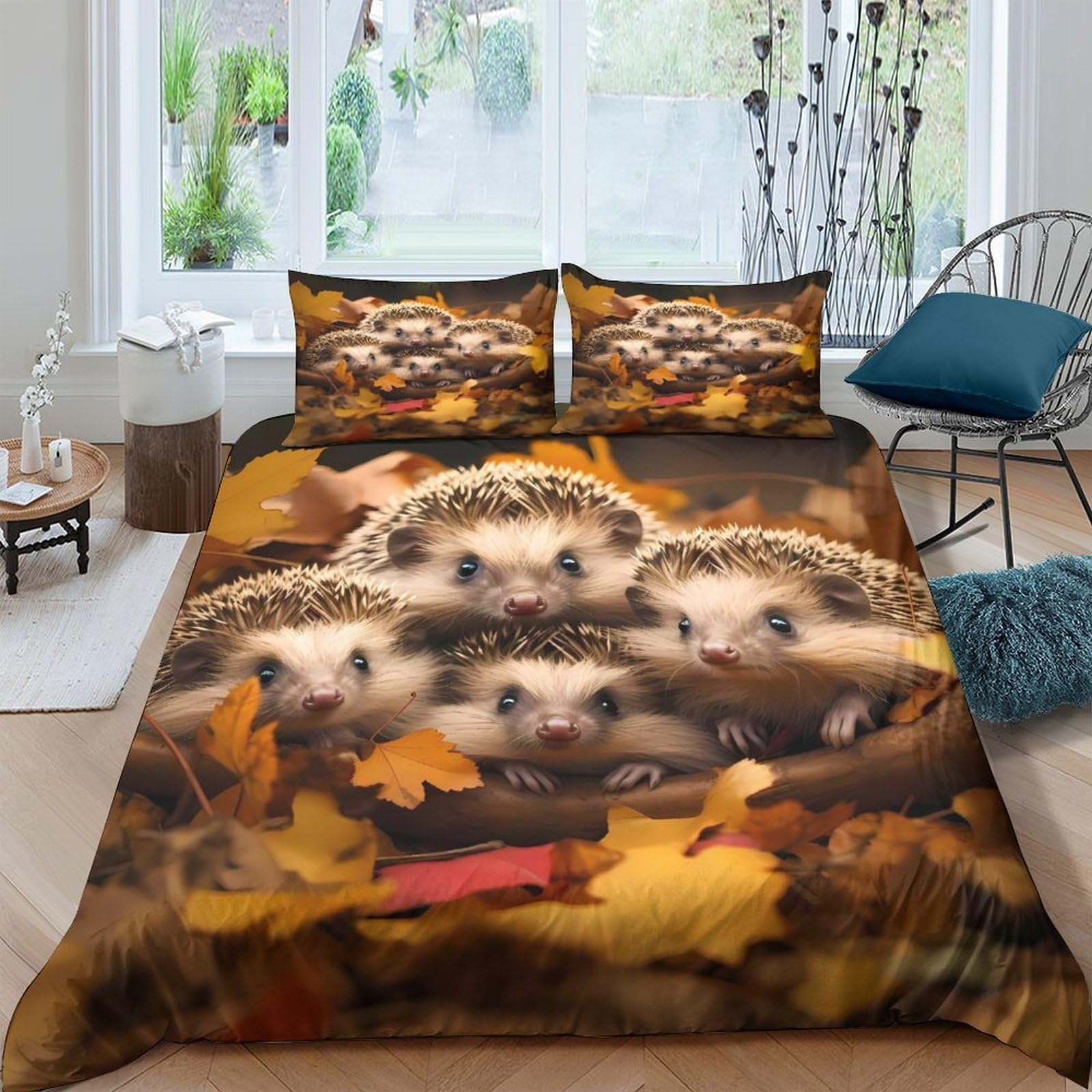 Ctjqhvkz Style-1 3D Printed Autumn Hedgehog Fitted Sheet Microfiber Soft Brown Leaves Bed Cover For Bedroom Guest Room Decor Single（135X200cm）
