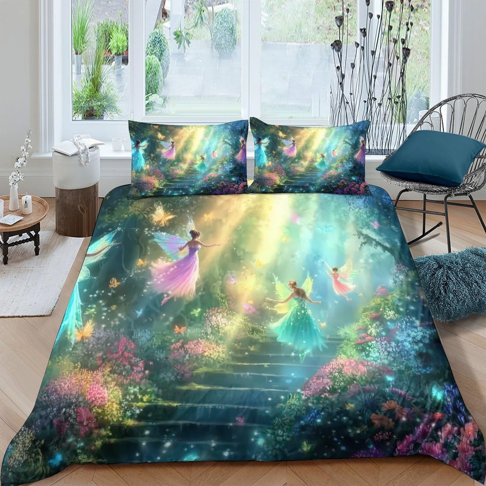 GPLZQXKJNH 3D Printed Fairy Tale Forest Duvet Cover Microfiber Soft Breathable Dreamland Fantasy Bedding Set with 2 Pillowcases for Bedroom Decor Single（135x200cm）