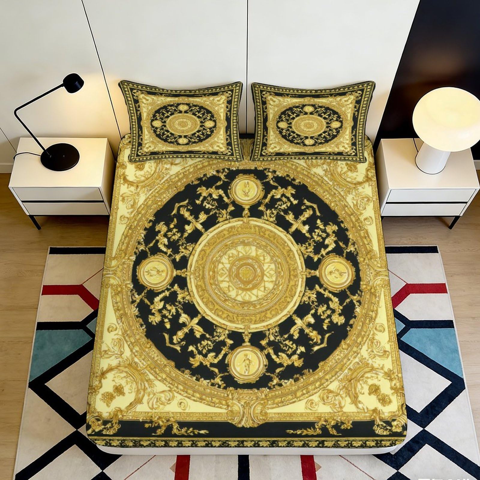 3D Printed Baroque Gold Pattern Fitted Sheet Microfiber Soft Black Ornate Medallion Bed Cover for Bedroom Guest Room Mattress Decor 90x200x25cm