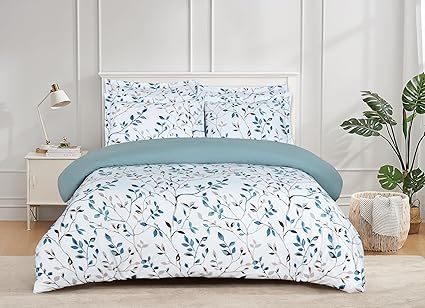 Majestic Giftware Madison Linen 8 Pcs Full Size Duvet Bedding Set (BL506-F) | Forest Ferns 300 TC Cotton Sateen Durable & Washable | 2 Fitted Sheets, 2 Duvets, 4 Pillowcases- Lux Collection