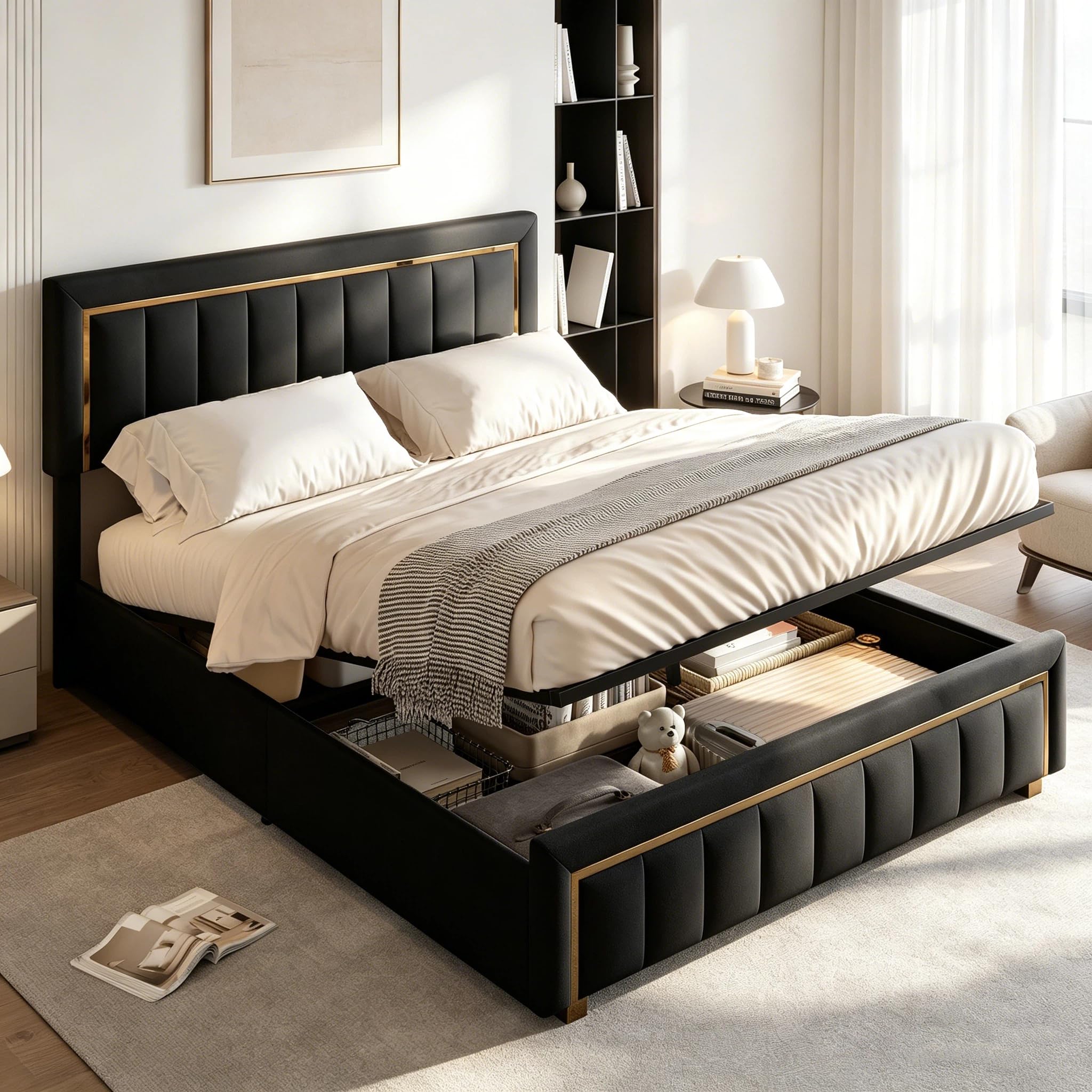 BRILVERDE Gestoffeerd bed, 160 x 200 cm, tweepersoonsbed met LED