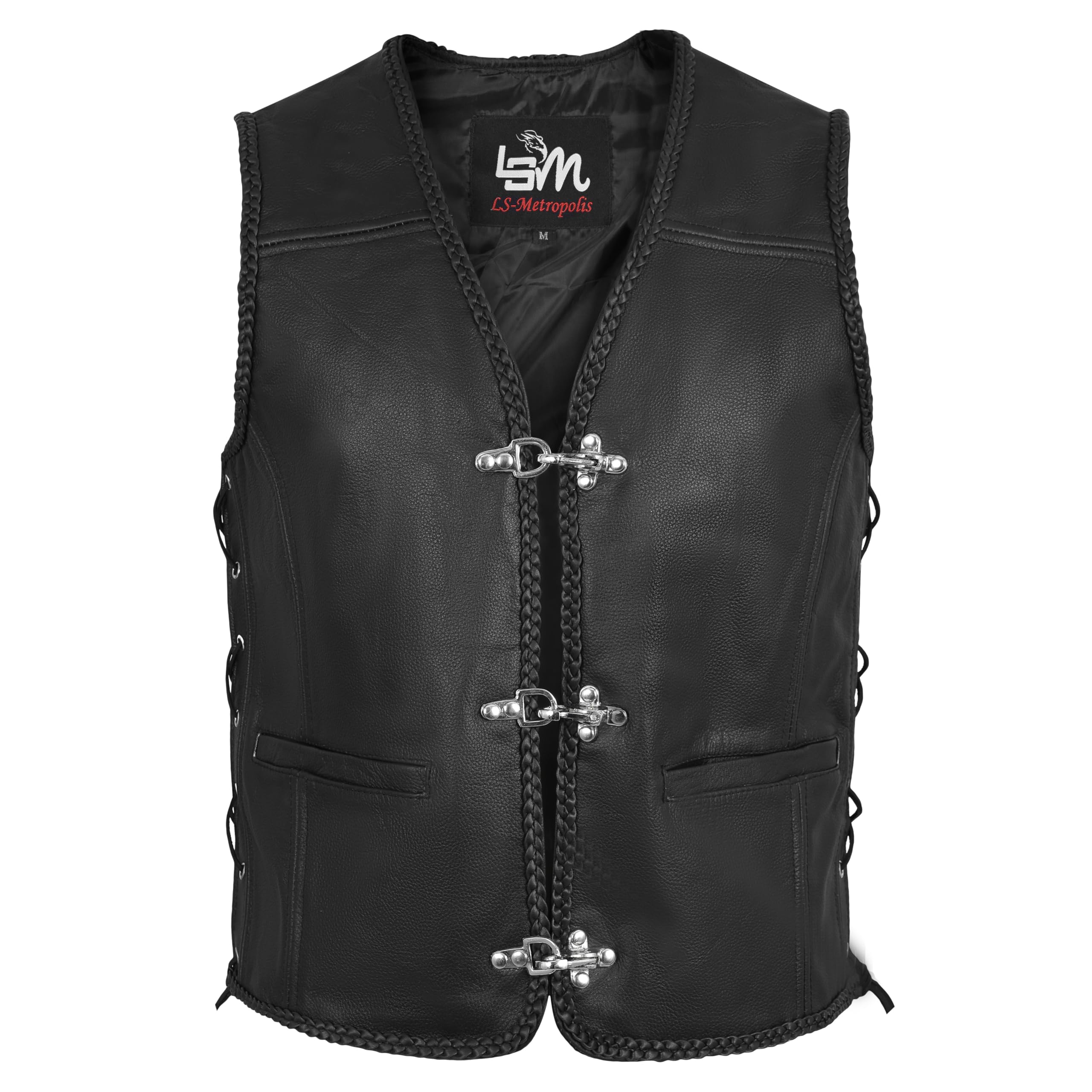 LSMBRAND Men's Genuine Black Leather Biker Waistcoat Vest - Fish Hook Buckle Design with Braided Lace, Vintage Motorcycle Riding Gear (3XL)